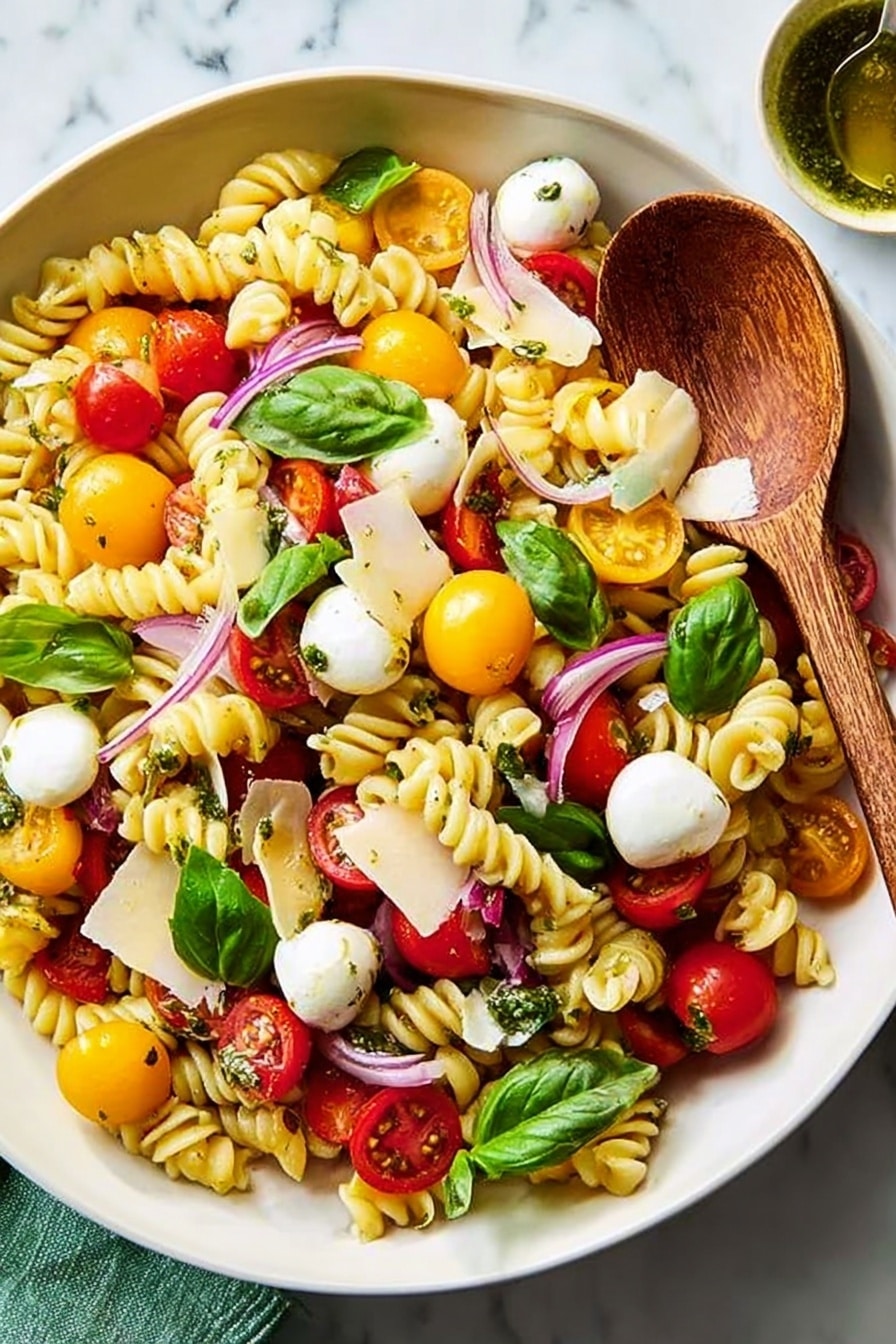 The dish is a colorful pasta salad served in a white bowl on a white marbled surface. It has three main layers visually: the bottom layer is light yellow spiral pasta filling the bowl, the middle layer is made up of vibrant red and yellow cherry tomato halves along with small white mozzarella balls scattered evenly, and the top layer consists of fresh green basil leaves, thin slices of purple onion, and thin white shavings of cheese arranged lightly on top. A wooden spoon rests on the salad, partly submerged among the ingredients. The overall look is fresh, bright, and inviting. Photo taken with an iphone --ar 2:3 --v 7 - Caprese Pasta Salad, Cherry Tomato Pasta Salad, Italian Pasta Salad, Summer Pasta Salad, Fresh Basil Pasta Salad