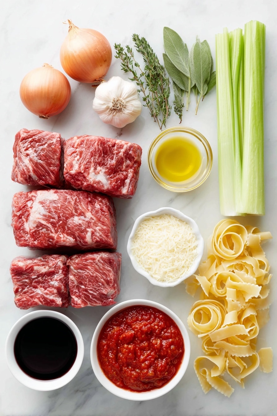 Flat lay of a large chunk of raw chuck beef cut into four pieces, three whole brown garlic cloves, one medium yellow onion peeled and whole, a small bunch of fresh bright orange carrot sticks, a few fresh celery stalks with leaves attached, a small white ceramic bowl filled with crushed ripe red tomatoes, a smaller white bowl with smooth deep red tomato paste, two whole dried bay leaves positioned neatly, three fresh sprigs of green thyme, a small white bowl with golden olive oil, a small white bowl holding a deep red full-bodied red wine, a small white bowl of clear water, a pile of dried pappardelle pasta ribbons arranged flat, a small pile of fresh green parsley leaves, and a small pile of freshly grated pale yellow parmesan cheese, all arranged with perfect symmetry on a clean white marble surface, soft natural light, photo taken with an iPhone, professional food photography style, fresh ingredients, white ceramic bowls, no bottles, no duplicates, no utensils, no packaging --ar 2:3 --v 7 --p m7354615311229779997 - Slow Cooked Beef Ragu with Pasta, Italian Beef Ragu, Easy Beef Ragu Recipe, Comforting Pasta Dish, Slow Cooker Beef Pasta