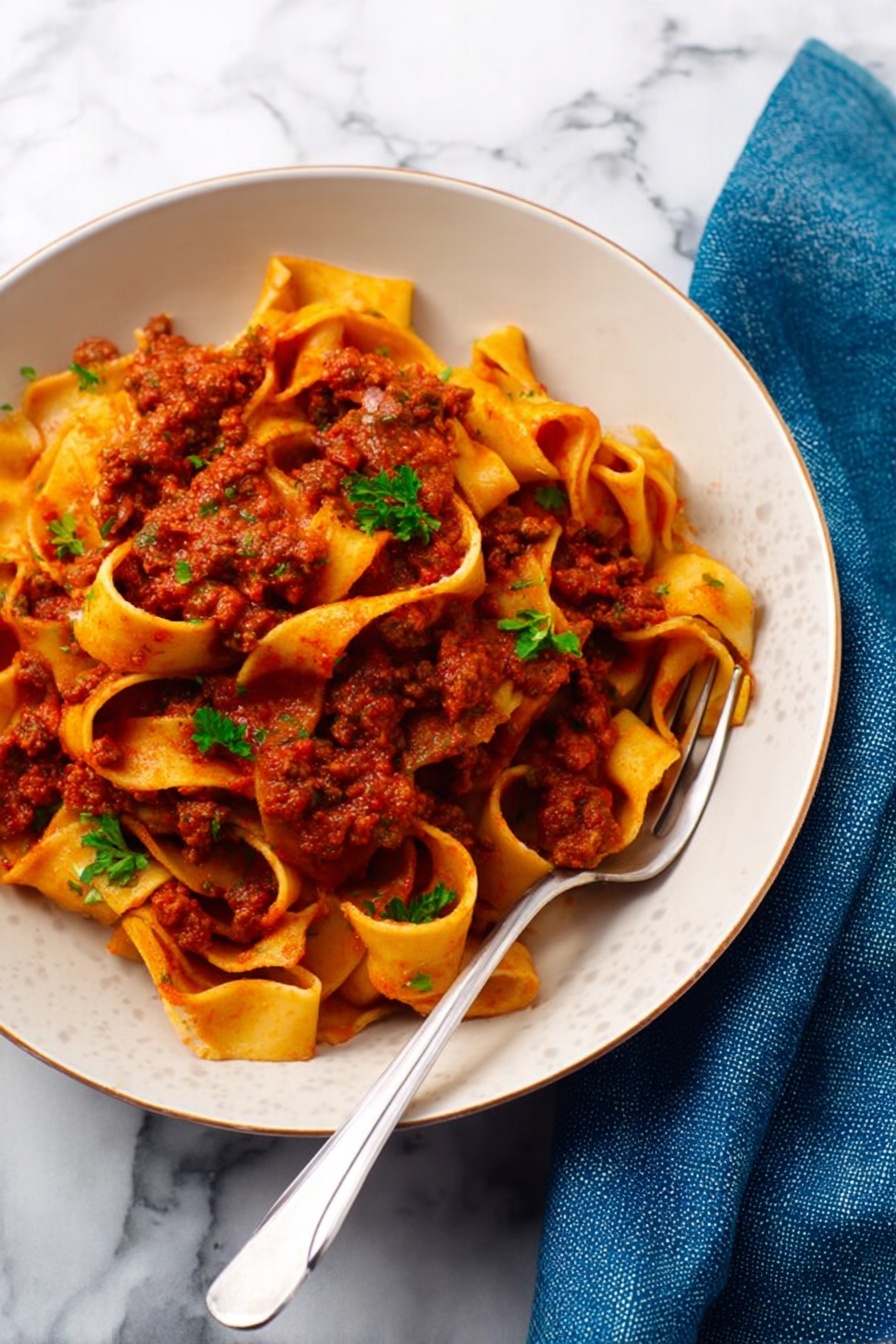 A white bowl filled with wide, flat pasta noodles layered with a thick red meat sauce. The noodles are curled and folded in the bowl, covered unevenly with chunks of sauce showing some texture from the meat. Small green parsley leaves are scattered on top as garnish. A silver fork rests on the edge of the bowl. The bowl is placed on a white marbled surface with a blue cloth napkin beside it. photo taken with an iphone --ar 2:3 --v 7 - Slow Cooker Pappardelle Bolognese, Italian slow cooker recipes, easy beef Bolognese, homemade pasta sauces, comfort food dinner ideas