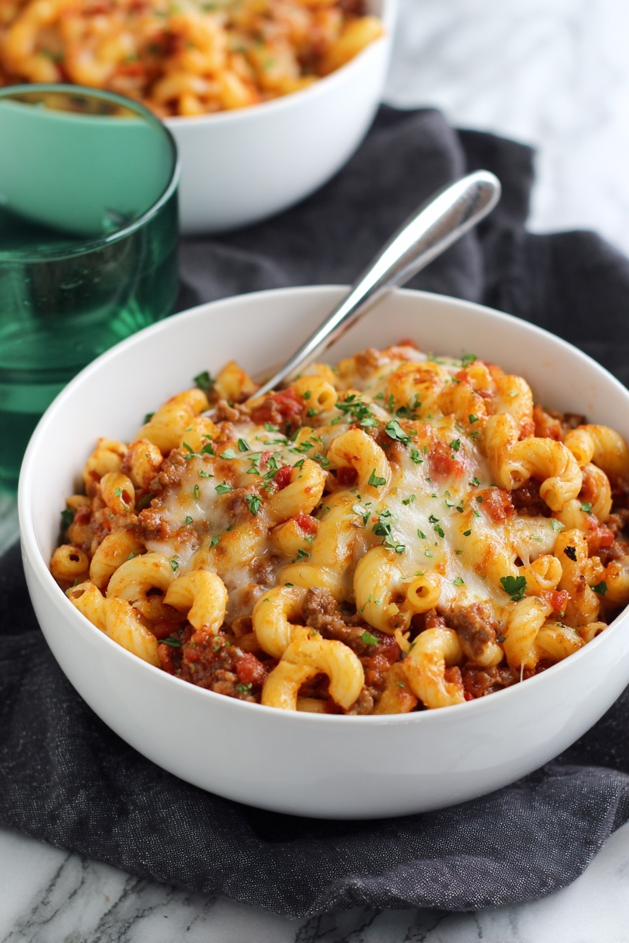 The image shows a white bowl filled with a layered pasta dish. The bottom layer is curly pasta mixed with a red sauce containing small pieces of browned meat. On top, there is melted cheese that is bubbly and slightly browned, sprinkled with finely chopped green herbs. The bowl has a spoon resting inside. In the background, another white bowl holds more of the same pasta dish, and a clear green glass is placed nearby. The setup is on a dark cloth over a white marbled surface. Photo taken with an iphone --ar 2:3 --v 7 - One Pot Chili Mac and Cheese, chili mac and cheese recipe, easy comfort food, one pot dinner ideas, hearty weeknight meals
