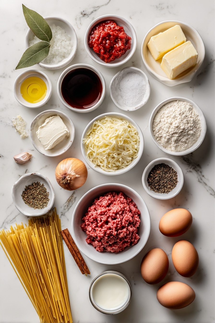 Flat lay of small white ceramic bowls containing golden olive oil, finely minced garlic cloves, finely chopped red onions, a mound of fresh raw ground beef, small bowl of dry red wine, crushed ripe red tomatoes in a white bowl, crumbled beef bouillon cubes, a dollop of deep red tomato paste, a single glossy bay leaf, a cinnamon stick beside a small pile of cinnamon powder, a small pinch of ground cloves, granulated white sugar in a bowl, black peppercorns beside fine salt crystals, a slab of unsalted butter, plain all purpose flour in a bowl, whole milk in a small white bowl, freshly grated nutmeg, finely shredded pale yellow kefalotyri cheese, two whole uncracked brown eggs, uncooked golden yellow Pastitsio No. 2 Greek bucatini pasta strands neatly arranged, crumbled white feta cheese, two whole uncracked white eggs, finely grated pale yellow kefalotyri cheese all arranged symmetrically and proportionally, placed on a clean white marble surface, soft natural light, photo taken with an iPhone, professional food photography style, fresh ingredients, white ceramic bowls, no bottles, no duplicates, no utensils, no packaging --ar 2:3 --v 7 --p m7354615311229779997 - Greek Pastitsio Pasta Bake, Greek pasta casserole, Mediterranean pasta bake, authentic Greek pasta, comforting Greek baked pasta