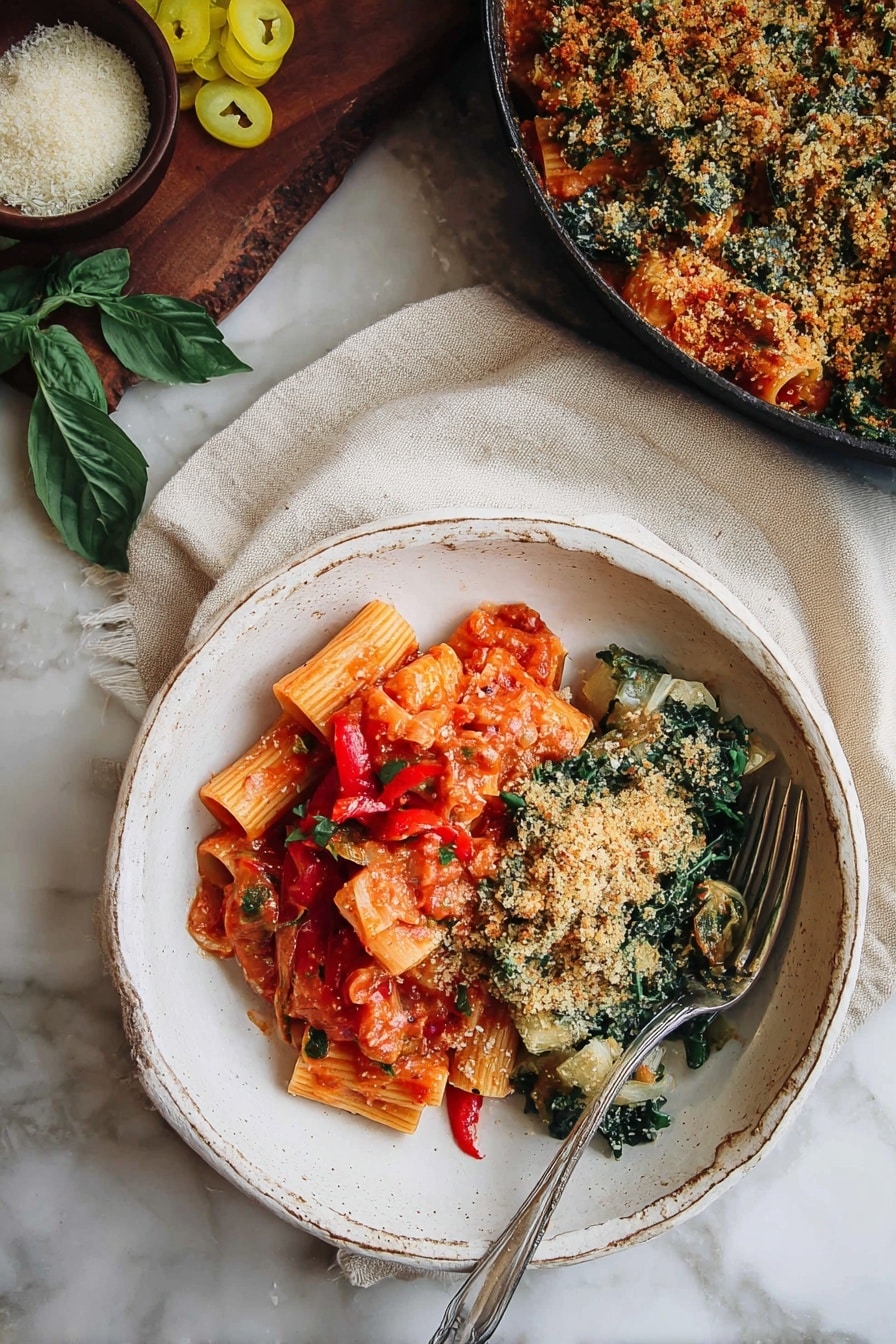 The dish is served in a large white rustic ceramic bowl placed on a white marbled surface with a beige cloth underneath. The bowl is divided into two main layers: on the left side, there is a layer of rigatoni pasta coated in a bright red tomato sauce with visible pieces of red bell pepper and scattered herbs, giving it a slightly chunky and textured look. On the right side, there is a layer of cooked leafy greens mixed with small chunks of pale vegetables, topped with a generous layer of golden-brown toasted breadcrumbs that add a crispy texture. A silver fork rests inside the bowl on the right side. In the background, there is a round black skillet filled with the same breadcrumb-topped greens, a small dark brown bowl of grated cheese, a few slices of yellow pickled peppers, and fresh basil leaves on a wooden board. Photo taken with an iphone --ar 2:3 --v 7 - Chicken Riggies, Chicken Riggies pasta, Upstate New York Chicken Riggies, spicy chicken pasta, easy Chicken Riggies recipe