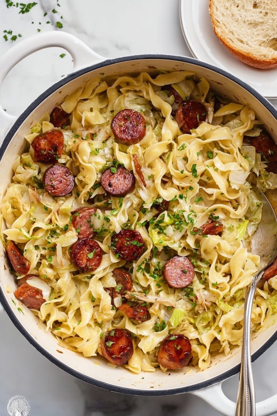 The dish is shown in a large white pot with a dark rim, filled with curly light yellow egg noodles mixed with slices of browned, reddish-brown sausage scattered evenly throughout. There are bits of cooked, pale green and white cabbage mixed in among the noodles. Small pieces of cooked onion and finely chopped green herbs are sprinkled on top, adding texture and color contrast. The pot sits on a white marbled surface, and a metal spoon is partially placed inside the pot on the right side. In the upper right corner, there is a white plate holding a piece of bread. Photo taken with an iphone --ar 2:3 --v 7 - Easy Kielbasa and Cabbage Haluski, kielbasa and cabbage stir-fry, simple Polish haluski, hearty sausage and cabbage dish, quick comfort food recipes