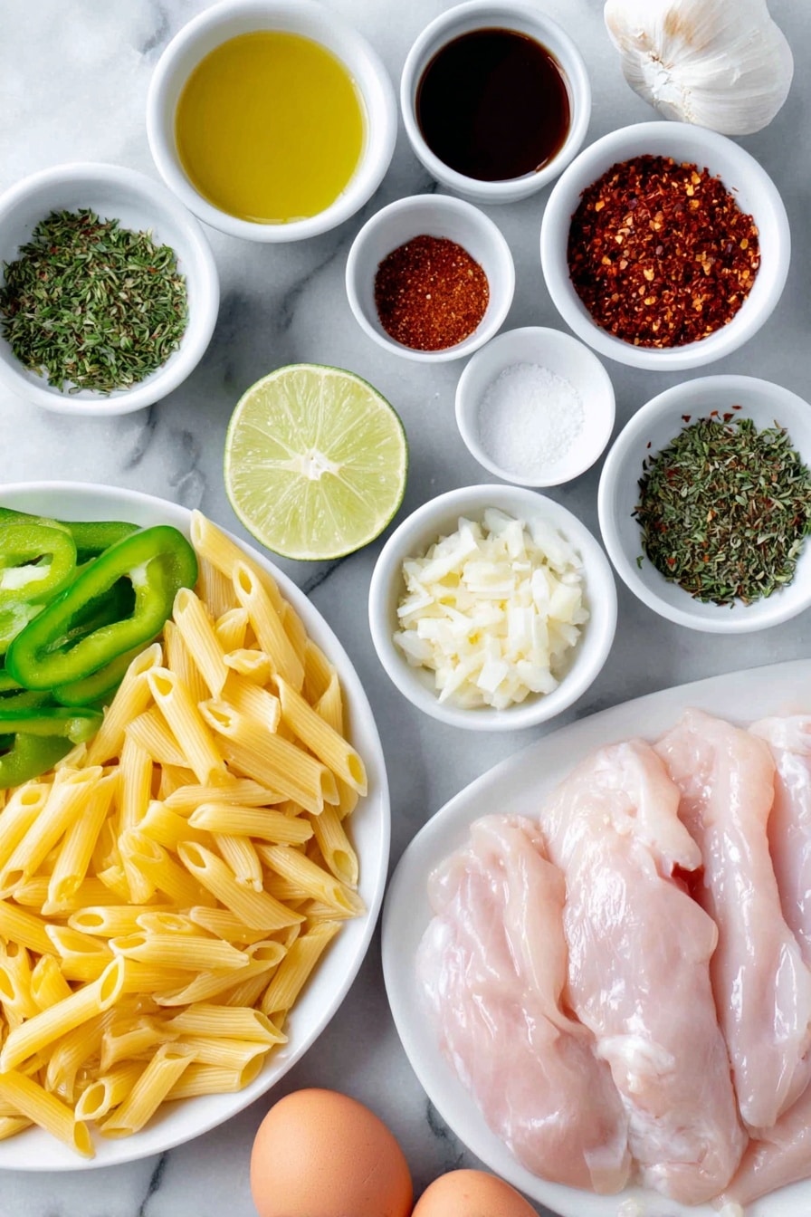 Flat lay of a whole fresh lime halved, a simple white ceramic bowl filled with raw boneless skinless chicken tenderloins, a small white bowl of vibrant red hot jerk seasoning powder, a small white bowl of green herb seasoning, a small white bowl with dark browning sauce, a small white bowl of golden neutral oil, dry uncooked penne pasta neatly arranged on a white ceramic plate, thinly sliced fresh green, red, and yellow bell peppers arranged in linear piles, thinly sliced yellow onion in a small neat pile, three peeled garlic cloves whole next to minced garlic in a small white bowl, two fresh thyme stems with bright green leaves separated, a small white bowl filled with thick heavy cream, small white bowls containing salt, black pepper, and paprika powders separately, a small mound of shredded Parmesan cheese on a white ceramic plate, and two whole uncracked brown eggs placed side by side, all placed on a clean white marble surface, soft natural light, photo taken with an iPhone, professional food photography style, fresh ingredients, white ceramic bowls, no bottles, no duplicates, no utensils, no packaging --ar 2:3 --v 7 --p m7354615311229779997 - Jerk Chicken Rasta Pasta, Jamaican jerk pasta, spicy jerk chicken recipe, creamy pasta with jerk chicken, tropical pasta dish