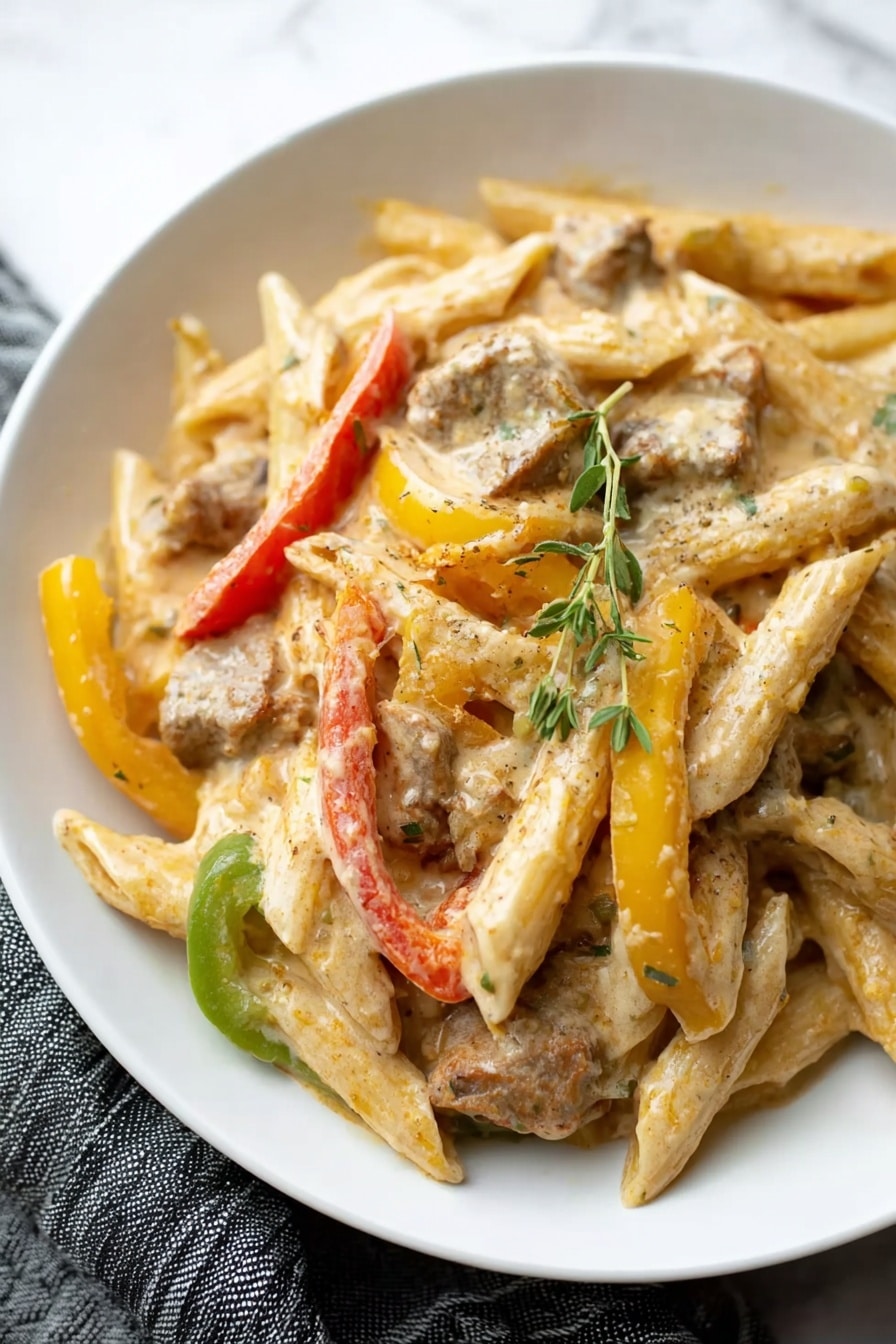 A white bowl filled with penne pasta mixed with creamy sauce and pieces of cooked meat, scattered slices of red, yellow, and green bell peppers add bright colors on top and inside the dish; a small sprig of thyme lies on the center, and the creamy sauce coats the pasta and meat with a slightly rough texture. The background is a white marbled surface with a gray and black striped cloth at the bottom left corner photo taken with an iphone --ar 2:3 --v 7 - Jerk Chicken Rasta Pasta, Jamaican jerk pasta, spicy jerk chicken recipe, creamy pasta with jerk chicken, tropical pasta dish