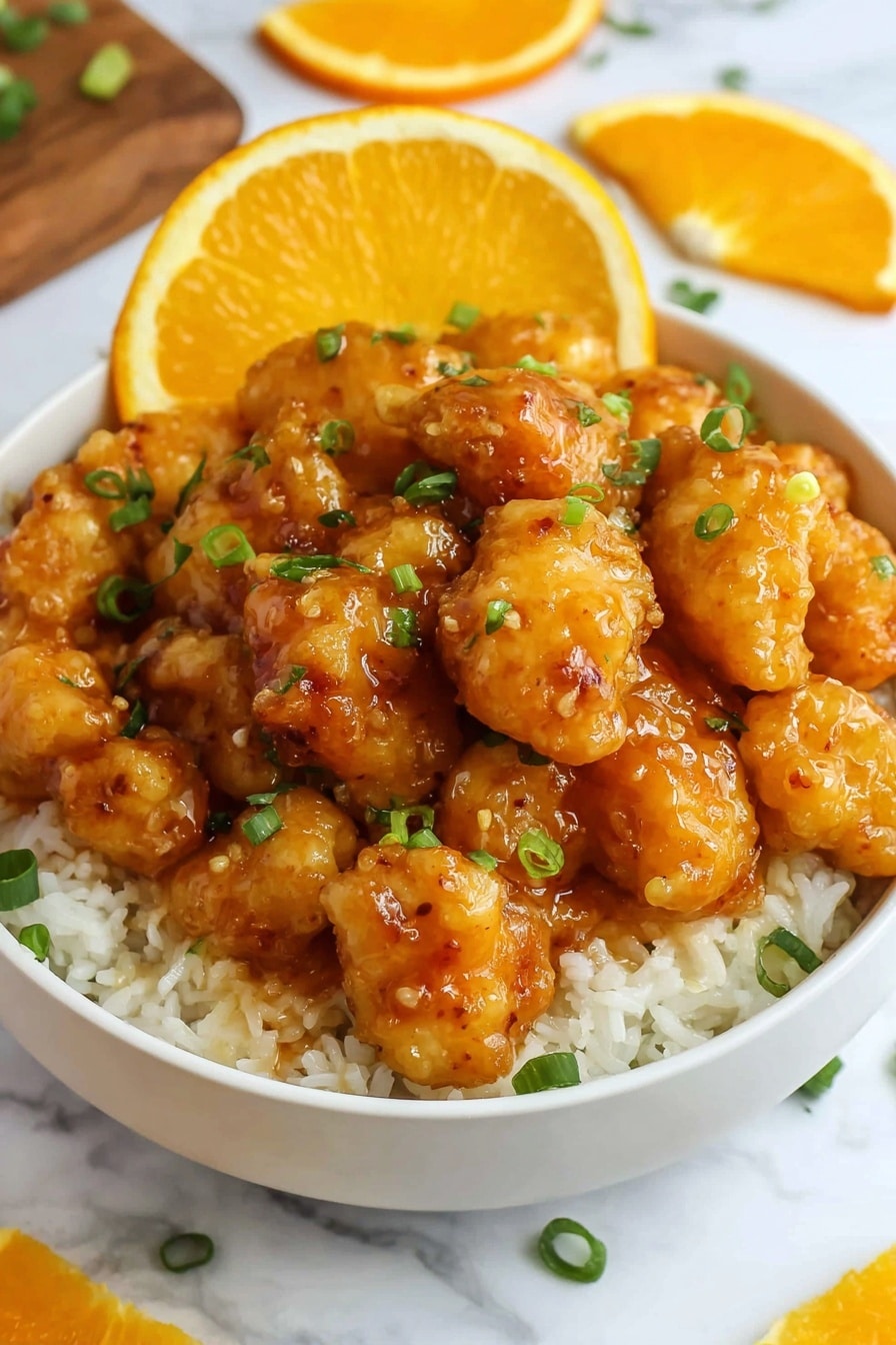 A white bowl filled with white rice at the bottom, topped with two layers of golden brown fried chicken pieces covered in shiny orange sauce. Small pieces of green onion scattered over the chicken for color contrast. In the back of the bowl, a half orange slice is placed as garnish. The bowl sits on a white marbled surface with more orange slices scattered around it. photo taken with an iphone --ar 2:3 --v 7 - Crispy Chinese Orange Chicken, Chinese Orange Chicken, Easy Orange Chicken, Homemade Orange Chicken, Orange Chicken stir-fry