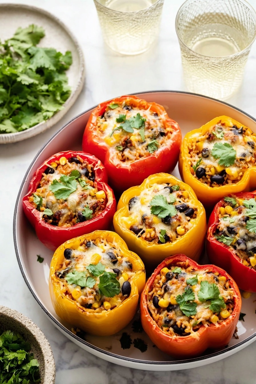A white round pan filled with nine stuffed bell peppers, arranged closely together in three rows. The bell peppers are red, yellow, and orange, with their tops removed, showing a filling of black beans, corn, rice, melted cheese, and small green herb leaves on top. Each pepper is filled to the brim with a mix of these colorful ingredients, and the melted cheese adds a light golden texture. Some fresh green herb leaves, likely cilantro, are placed on each pepper as garnish. The pan sits on a white marbled surface, with a small bowl of cilantro to the side and two textured clear glasses of light-colored drink in the background. Photo taken with an iphone --ar 2:3 --v 7 - Mexican Stuffed Bell Peppers, stuffed bell peppers, Mexican stuffed peppers recipe, easy stuffed peppers, healthy Mexican stuffed peppers