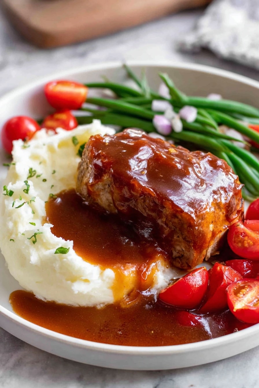 A white plate shows a thick layer of smooth white mashed potatoes on the left side, topped with a glossy brown sauce that pools around the dish. On top of the potatoes sits a piece of cooked meat covered in the same brown sauce, with a slice cut to reveal the inside texture. Behind the meat, there is a row of green beans and bright red cherry tomato halves scattered around, garnished with small pieces of chopped onions. The plate rests on a white marbled surface. Photo taken with an iphone --ar 2:3 --v 7 - Oven BBQ Chicken with Homemade Sauce, Oven BBQ Chicken, Homemade BBQ Chicken Recipe, Juicy Oven Chicken, Easy BBQ Chicken Dinner