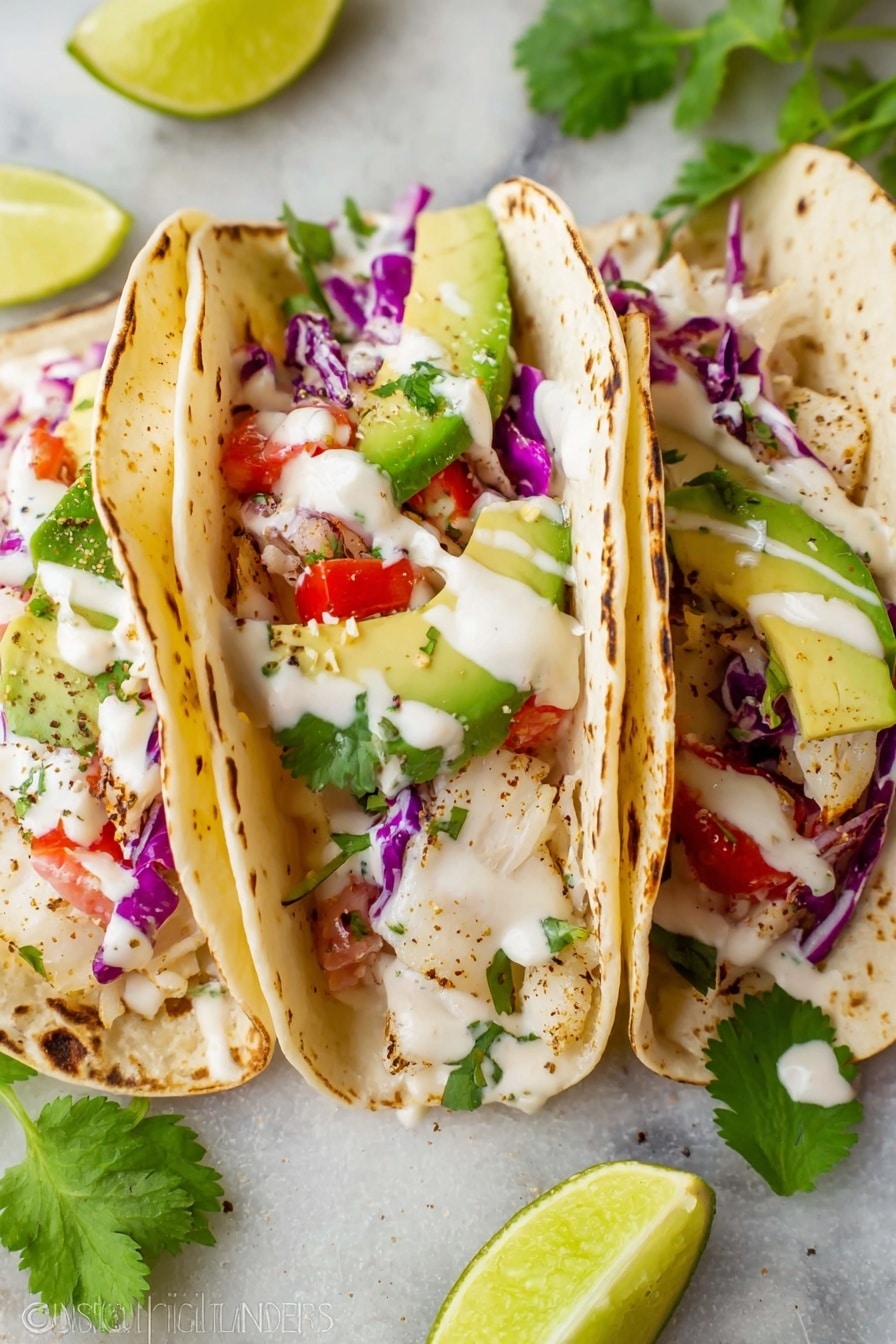Four tacos are placed on a white oval plate with a blue rim, resting on a white marbled surface. Each taco has three layers of soft, light golden tortillas curved to hold the fillings inside. The bottom layer is grilled fish with a lightly browned texture. On top of the fish is a colorful layer of chopped purple cabbage and small pieces of fresh red tomato. The next layer consists of green avocado chunks and fresh green cilantro leaves scattered across. A generous sprinkle of white crumbly cheese covers the whole taco filling. Four lime wedges are placed on the left side of the plate, and two halves of a lime are on the marbled surface near the bottom right corner. Photo taken with an iphone --ar 2:3 --v 7 - Best Fish Tacos with Lime Crema, fish tacos with lime sauce, seafood tacos with creamy lime dressing, easy fish taco recipe, healthy fish taco ideas