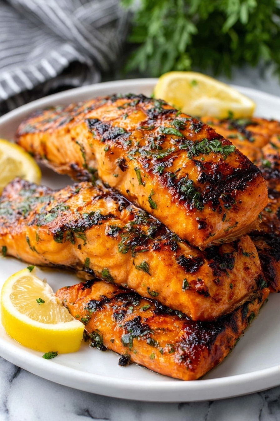 The image shows a white plate filled with four grilled salmon fillets stacked in a slightly overlapping way. The salmon has a rich orange color with darker char marks and small green herb pieces sprinkled all over. The surface of the salmon looks shiny with oil. On top and to the side of the fish, there are two lemon wedges with a fresh yellow color. The plate is placed on a white marbled surface with a blurred green plant and a gray striped cloth in the background. photo taken with an iphone --ar 2:3 --v 7 - Grilled Salmon with Flavorful Marinade, healthy grilled salmon, salmon marinade recipe, easy salmon grill recipe, flavorful seafood dishes