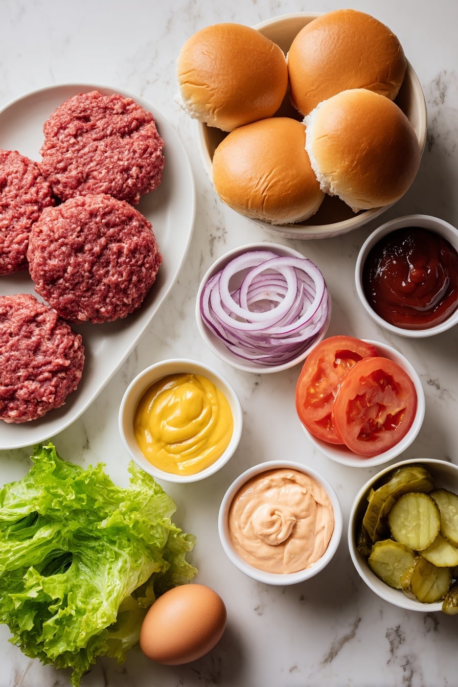 Flat lay of fresh raw ground beef formed into round patties, four soft golden burger buns with fluffy interiors, crisp green torn romaine lettuce leaves, thick red tomato slices, delicate rings of purple-red onion, thin slices of vibrant green gherkins, eight whole brown eggs with clean shells in a simple white ceramic bowl, small white ceramic bowls each containing creamy orangey-pink special burger sauce, rich red ketchup, smooth yellow mustard, and glossy dark red tomato chutney, all arranged with perfect symmetry and balanced proportions on a clean white marble surface, soft natural light, photo taken with an iPhone, professional food photography style, fresh ingredients, white ceramic bowls, no bottles, no duplicates, no utensils, no packaging --ar 2:3 --v 7 --p m7354615311229779997 - Easy Juicy Cheeseburgers with Homemade Patties, Juicy Cheeseburgers, Homemade Burger Recipes, Best Cheeseburgers, How to Make Juicy Burgers