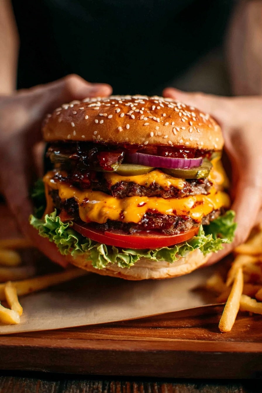 A large cheeseburger held by a pair of woman's hands sits on a wooden board with some golden fries on the side. The burger has a top sesame seed bun that is light brown with white seeds. Below it is a layer of dark red sauce and slices of purple onion. There are green pickle slices under the onions. Two thick beef patties with melted orange cheddar cheese cover the pickle layer. Beneath the patties is a thick slice of red tomato and a green leafy lettuce layer resting on the bottom bun. The scene has a warm, rich color with the burger as the clear focus. The photo taken with an iphone --ar 2:3 --v 7 - Easy Juicy Cheeseburgers with Homemade Patties, Juicy Cheeseburgers, Homemade Burger Recipes, Best Cheeseburgers, How to Make Juicy Burgers
