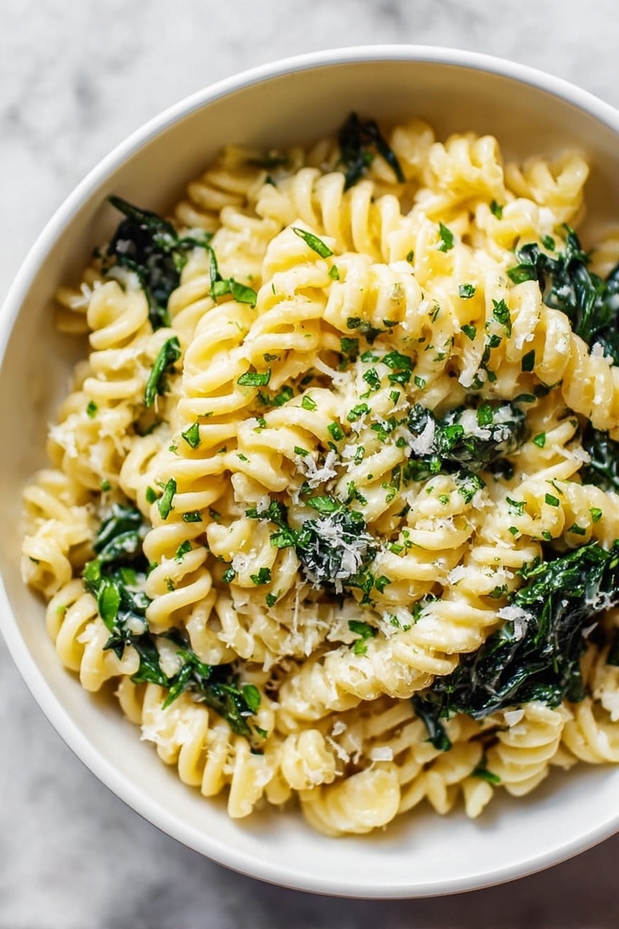 A close-up view of a bowl filled with short spiral pasta in a creamy light yellow sauce mixed with dark green leafy vegetables. The pasta is well coated and sprinkled lightly with small bits of grated white cheese and tiny chopped green herbs. The bowl is white and sits on a white marbled surface, and the overall look is fresh and simple. photo taken with an iphone --ar 2:3 --v 7 - Creamy Spinach Goat Cheese Pasta, goat cheese pasta recipe, easy creamy pasta, spinach pasta dish, quick weeknight dinner