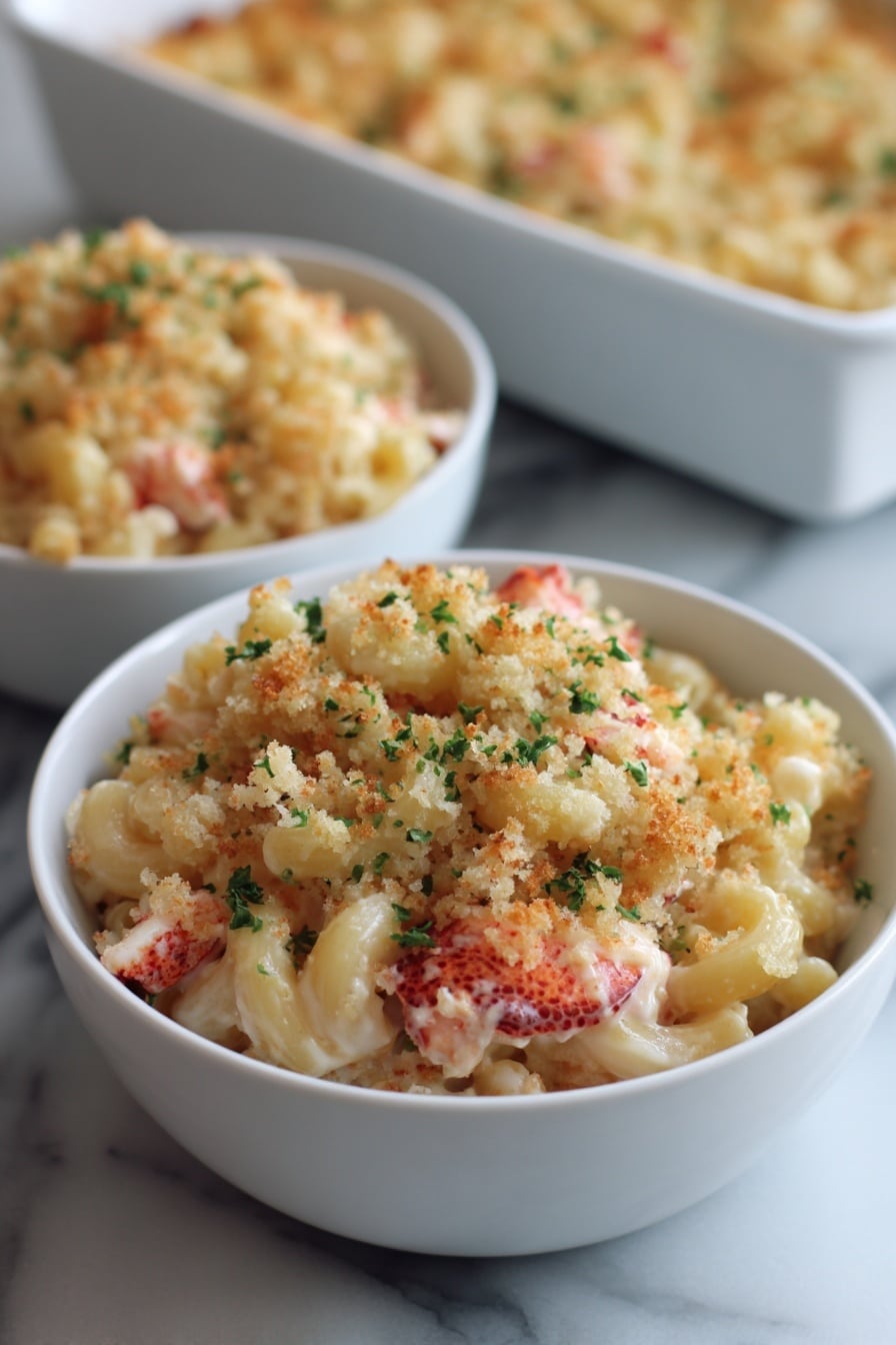 A white bowl filled with three layers: the bottom layer has small pieces of cooked lobster in a pinkish-red color, the middle layer is creamy and pale yellow mac and cheese sauce coating spiral pasta, and on top is a golden brown crunchy crumb topping with small green parsley bits scattered for garnish. In the background, there is another bowl with similar mac and cheese and a white baking dish filled with more of the same dish, all placed on a white marbled surface. photo taken with an iphone --ar 2:3 --v 7 - Creamy Lobster Mac and Cheese, lobster mac and cheese recipe, gourmet pasta with lobster, cheesy lobster pasta, indulgent seafood macaroni