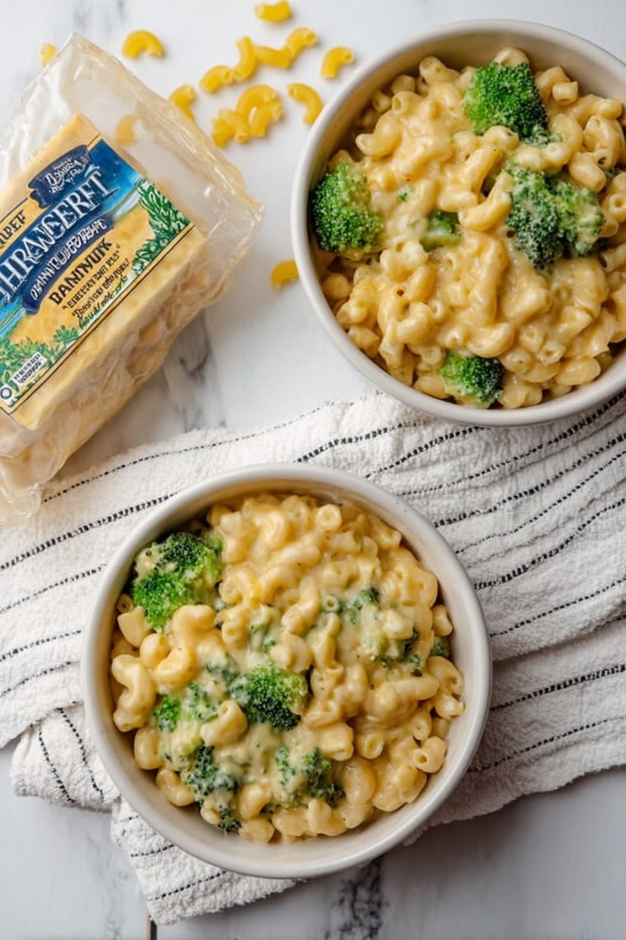 The image shows two white bowls filled with creamy macaroni and cheese mixed with green broccoli florets. The macaroni is light yellow and covered in a smooth cheese sauce, and the broccoli adds a fresh pop of green color. One white bowl is slightly in front of the other, both placed on a white marbled surface. Next to the bowls is a wrapped package of Danish Creamery butter sitting on a white cloth with thin black lines. There are also a few dry uncooked elbow macaroni scattered on the surface near the bowls. photo taken with an iphone --ar 2:3 --v 7 - Broccoli Mac and Cheese, cheesy broccoli pasta, healthy comfort food, quick broccoli mac and cheese, easy broccoli pasta recipe