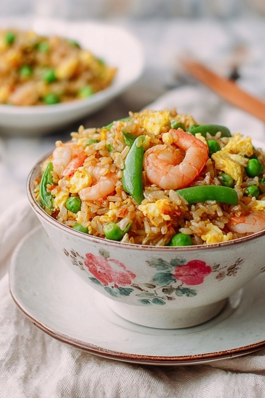 A bowl filled with fried rice piled high shows many layers: the base is light brown fried rice mixed with scrambled egg pieces that are yellow and soft; scattered on top are bright green snap peas cut into small pieces and pink-orange cooked shrimp dotted around. The bowl is white with a floral design and sits on a matching white saucer on a white marbled surface with a cloth underneath. In the background, there is a blurred smaller bowl with more of the same fried rice. Photo taken with an iphone --ar 2:3 --v 7 - Easy Shrimp Fried Rice, shrimp fried rice recipe, quick shrimp fried rice, flavorful seafood fried rice, homemade shrimp fried rice