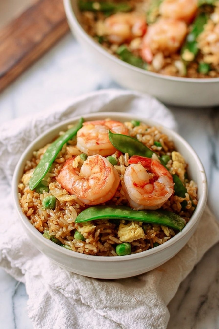 A white bowl filled with three layers: the bottom and middle layers are fluffy, brown fried rice with bits of egg and green herbs mixed in, and the top layer has bright pink cooked shrimp and fresh green snap peas scattered evenly. The bowl sits on a piece of white cloth with a slightly visible pattern, all set on a white marbled surface. In the background, there is a larger white bowl filled with the same shrimp and rice dish, slightly blurred. Photo taken with an iphone --ar 2:3 --v 7 - Easy Shrimp Fried Rice, shrimp fried rice recipe, quick shrimp fried rice, flavorful seafood fried rice, homemade shrimp fried rice