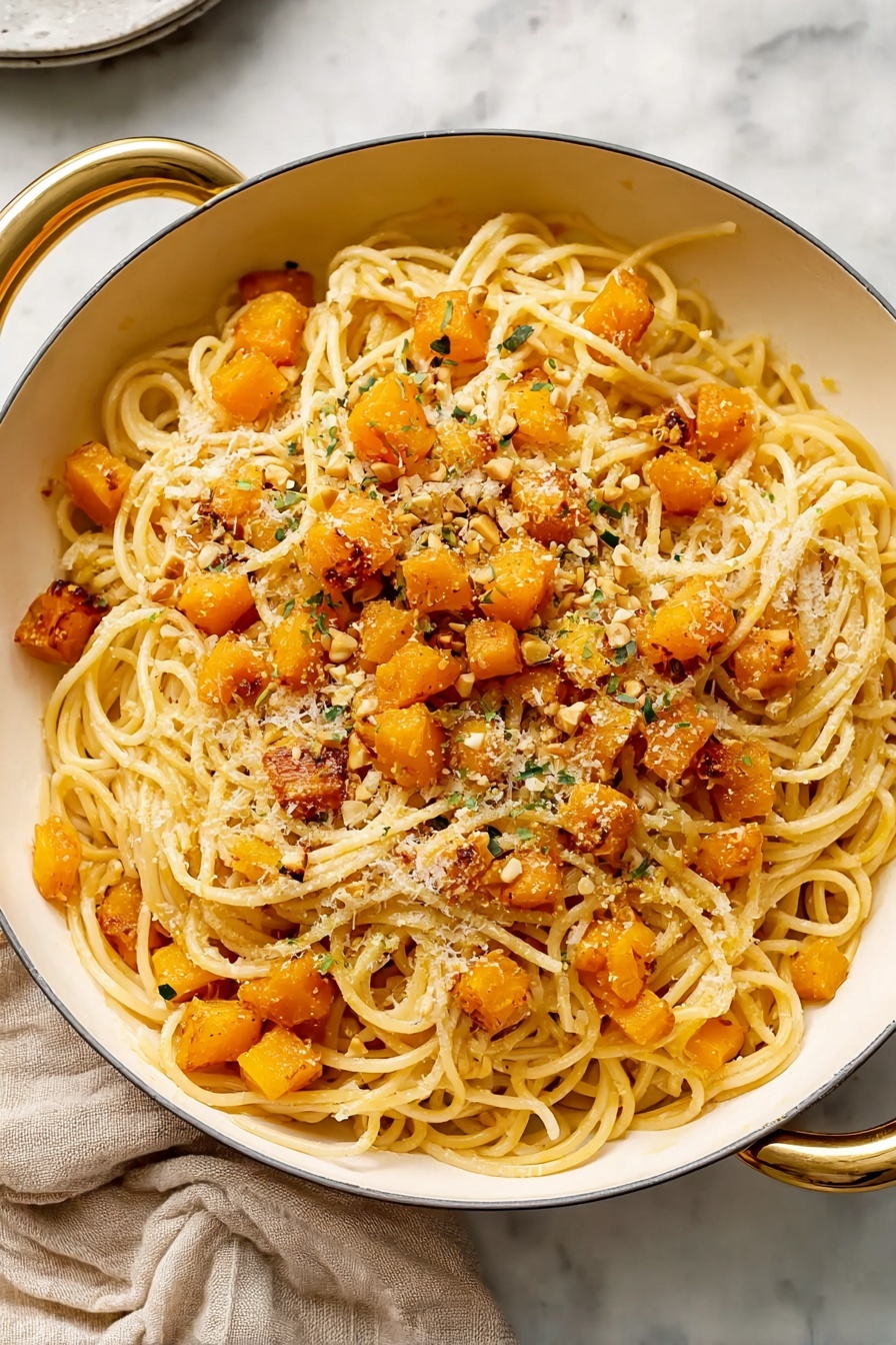 The image shows a white bowl filled with spaghetti pasta mixed with small cubes of roasted orange squash. The spaghetti noodles are long, pale yellow, and slightly shiny, wrapped loosely in some places. The squash cubes are golden orange with some crisp, browned edges, scattered evenly on top and mixed within the noodles. There are small bits of crushed nuts sprinkled over everything, adding texture and light brown specks. Tiny green herb leaves dot the dish, giving a fresh touch. The bowl sits on a white marbled surface. Photo taken with an iphone --ar 2:3 --v 7 - Butternut Squash Sage Pasta, roasted butternut squash pasta, fall vegetarian pasta, easy cozy pasta recipes, healthy sage pasta