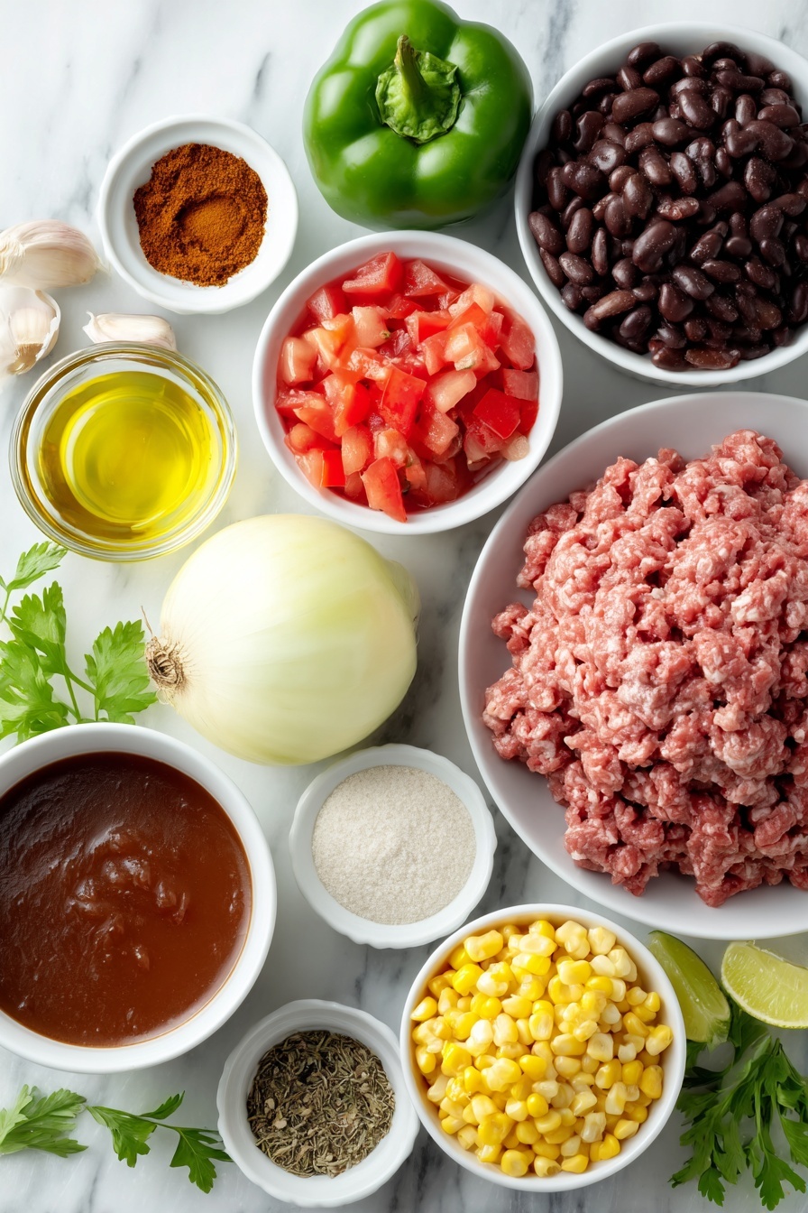 Flat lay of a small drizzle of golden olive oil in a simple white ceramic bowl, a mound of fresh raw lean ground beef, a whole medium yellow onion with bright papery skin, two uncracked brown garlic cloves, one glossy green jalapeno pepper, a small white bowl filled with diced ripe red tomatoes mixed with green chiles, a small white bowl with rich dark beef broth, a small white bowl containing smooth red tomato sauce, a small white bowl holding warm reddish-brown chili powder, another small white bowl with light brown ground cumin, a small white bowl with deep rusty ground paprika, a small white bowl of dried oregano leaves, a small white bowl filled with pale ranch dressing powder, fresh green cilantro sprigs, a halved bright green lime, a small heap of bright yellow frozen corn kernels, a small portion of glossy black beans, a small portion of light tan pinto beans, and a small pile of shredded Mexican blend cheese, all arranged with perfect symmetry on a clean white marble surface, soft natural light, photo taken with an iPhone, professional food photography style, fresh ingredients, white ceramic bowls, no bottles, no duplicates, no utensils, no packaging --ar 2:3 --v 7 --p m7354615311229779997 - Hearty Taco Soup, taco soup recipe, easy taco soup, Mexican soup recipes, comforting taco soup