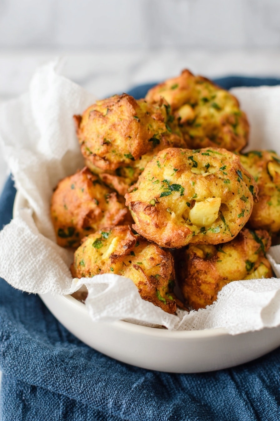 A white bowl lined with white parchment paper holds several round, golden-brown fritters with a rough texture. The fritters show flecks of green herbs and small pieces of light yellow vegetables mixed into the dough. The fritters have a crispy outer layer with some darker browned spots, giving them a homemade look. The bowl sits on a dark blue cloth atop a white marbled surface, creating a clean and simple background. Photo taken with an iphone --ar 2:3 --v 7 - Baked Stuffing Balls, savory stuffing balls, easy stuffing ball recipe, crispy stuffing bites, holiday appetizer ideas