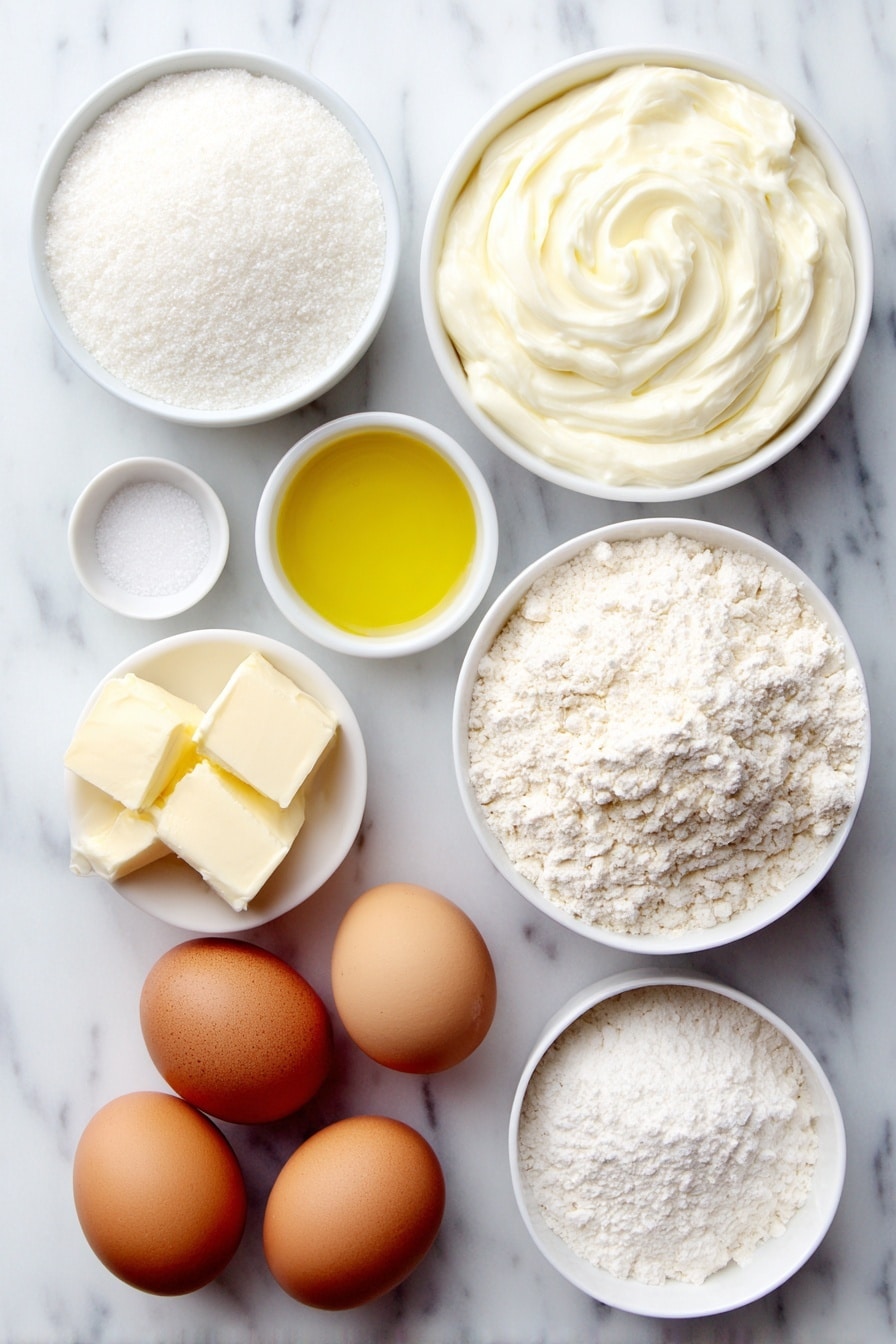 Flat lay of a small white ceramic bowl of creamy plain yogurt, a small white ceramic bowl of granulated sugar, three large whole brown eggs with clean shells, a small white ceramic bowl of golden neutral oil, a small white ceramic bowl of all-purpose flour, a small white ceramic bowl of baking powder, a small white ceramic bowl of fine salt, a few small cubes of golden salted butter, a small white ceramic bowl of clear water, a small white ceramic bowl of vanilla extract, a small white ceramic bowl of almond extract, all arranged with perfect symmetry and balanced proportions, placed on a clean white marble surface, soft natural light, photo taken with an iPhone, professional food photography style, fresh ingredients, white ceramic bowls, no bottles, no duplicates, no utensils, no packaging --ar 2:3 --v 7 --p m7354615311229779997 - Easy French Butter Cake, French Butter Cake, moist butter cake, simple cake recipe, classic French desserts