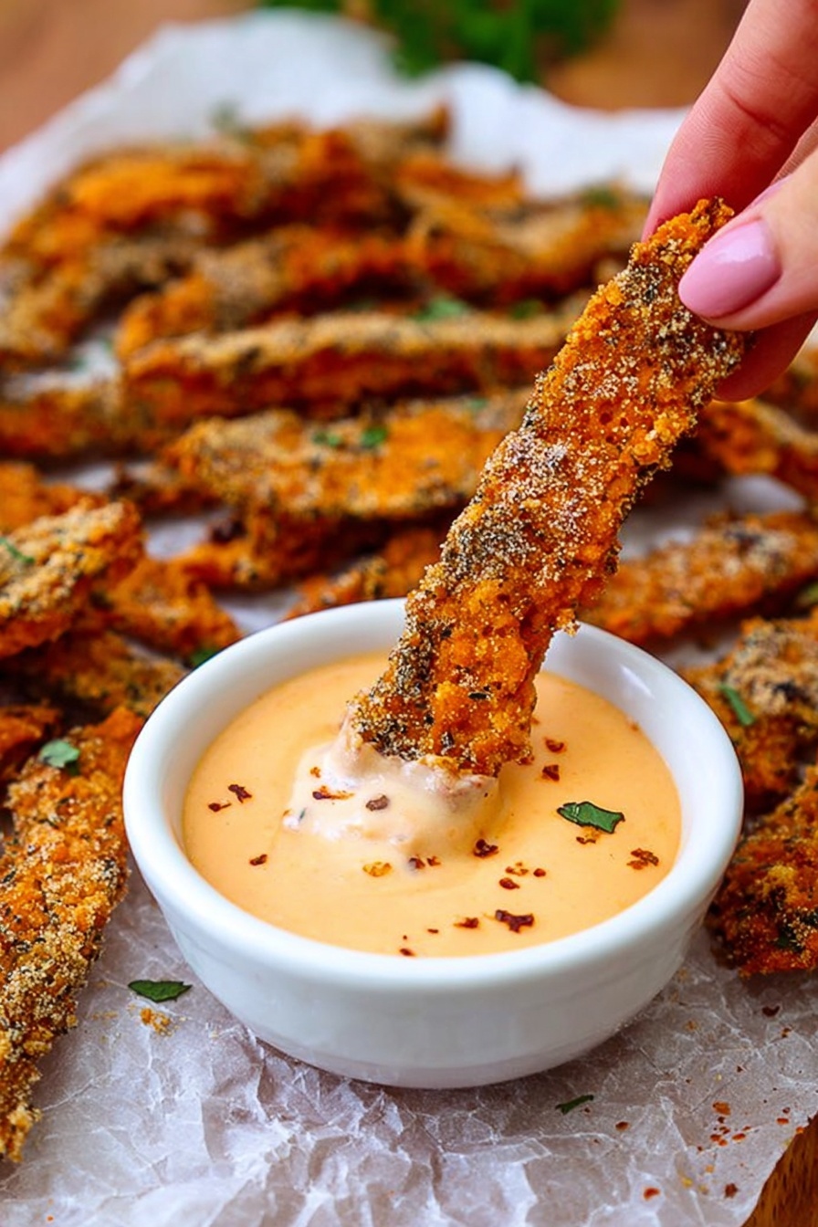 A woman's hand is holding a long, crunchy, orange-brown fried strip seasoned with herbs and spices, partially dipped into a small round white bowl filled with creamy light orange dipping sauce with visible pepper flakes. Underneath, a white marbled surface is covered with crinkled parchment paper holding many more of the same seasoned, fried strips scattered around, all with a rough, crispy texture and garnished with small green herb pieces. photo taken with an iphone --ar 2:3 --v 7 - Garlic Parmesan Sweet Potato Wedges, crispy sweet potato fries, healthy side dish, easy snack recipes, flavorful vegetable sides