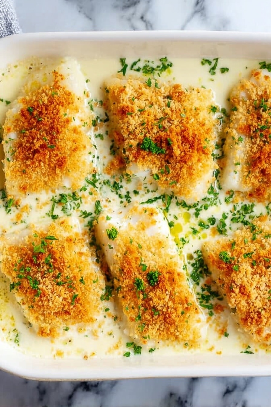 A white rectangular dish filled with a creamy white sauce layer that looks smooth and thick. On top, six pieces of fish with a golden-brown crumb layer spread evenly across each piece. The fish pieces are arranged in two rows of three. Green chopped herbs are sprinkled over the fish and sauce, adding a fresh color contrast. The surface under the dish has a white marbled texture. photo taken with an iphone --ar 2:3 --v 7 - Creamy Baked Cod with Garlic Sauce, baked cod recipes, garlic sauce fish dish, easy fish dinner ideas, flaky baked cod