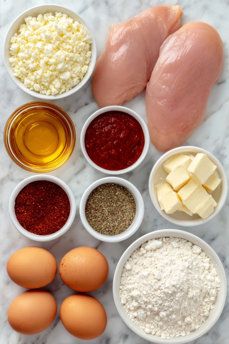Flat lay of a small white ceramic bowl of golden honey, a small white ceramic bowl of bright red hot sauce, a small white ceramic bowl of deep red chili flakes, two whole raw chicken breasts with natural pink tones, a small white ceramic bowl of rich red paprika powder, a small white ceramic bowl of coarse white plain flour, two whole uncracked brown eggs, a small white ceramic bowl of pale beige panko breadcrumbs, a small white ceramic bowl of crumbly white feta cheese, and a small white ceramic bowl of mixed dried spices including salt, onion powder, garlic powder, dried oregano, black pepper, and cayenne pepper, each ingredient fresh and natural, arranged in perfect symmetry on a clean white marble surface, soft natural light, photo taken with an iPhone, professional food photography style, fresh ingredients, white ceramic bowls, no bottles, no duplicates, no utensils, no packaging --ar 2:3 --v 7 --p m7354615311229779997 - Hot Honey Crispy Feta Chicken, spicy honey fried chicken, cheesy feta chicken, quick crispy chicken recipes, flavorful chicken dinner ideas