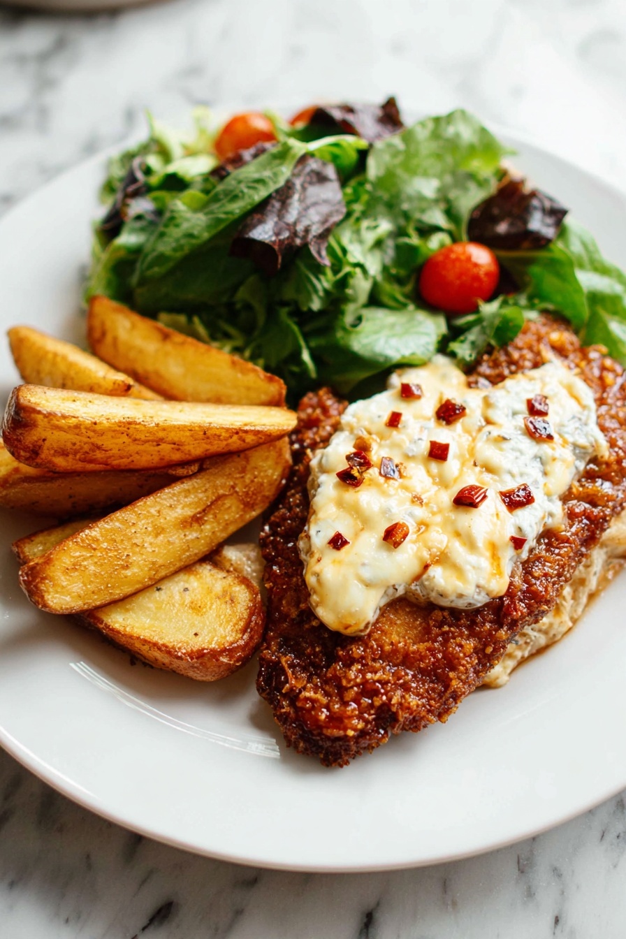 A white plate holds a meal with three main parts: on the right, a crispy brown fried item topped with a thick, creamy white layer that has a slightly melted texture and small red chili flakes scattered on top; on the left side, golden brown potato wedges with a crunchy look stacked next to each other; at the top of the plate, a fresh green salad made of leafy greens and small red tomato pieces. The plate sits on a white marbled surface. Photo taken with an iphone --ar 2:3 --v 7 - Hot Honey Crispy Feta Chicken, spicy honey fried chicken, cheesy feta chicken, quick crispy chicken recipes, flavorful chicken dinner ideas