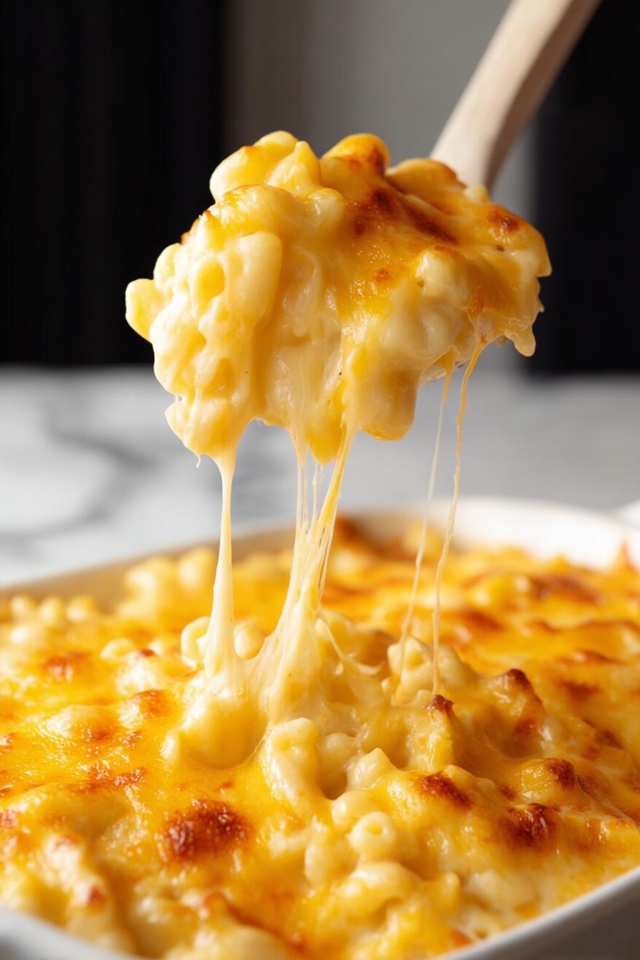 A close-up view shows a white spoon lifting a large scoop of macaroni and cheese from a white casserole dish filled with the same. The macaroni is covered by a thick layer of melted yellow cheese that is smooth and shiny with some browned spots on top, showing a slightly bubbly texture. Long thin strings of cheese stretch down from the scoop back to the dish. The macaroni underneath is creamy white and round shaped. The background is a white marbled surface with a blurred black and white backdrop. photo taken with an iphone --ar 2:3 --v 7 - Viral Tini Mac and Cheese, creamy baked mac and cheese, TikTok mac and cheese, cheesy baked pasta, easy viral mac and cheese recipe