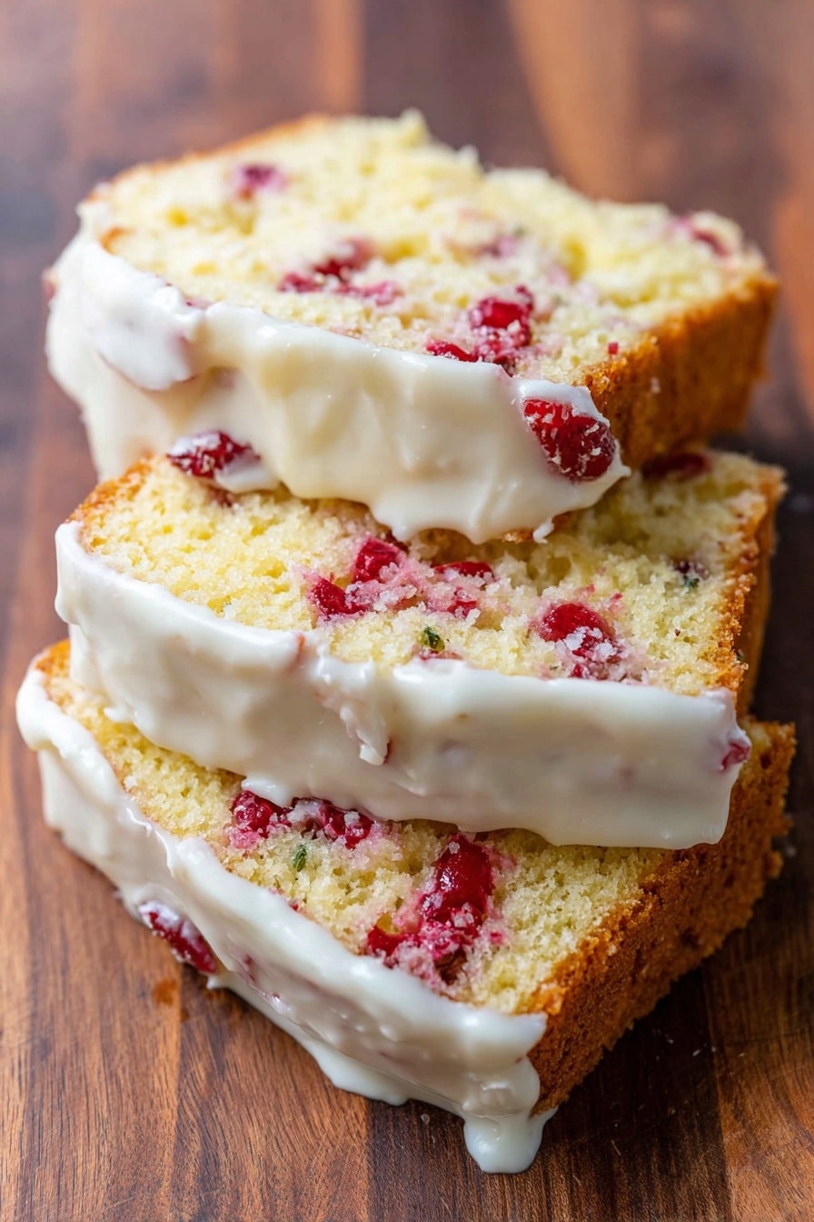 The image shows three slices of a yellow cake with pieces of red fruit inside. The cake appears moist with a soft texture, and it is topped with a thick white icing that drips slightly over the sides. The layers include the golden-brown crust at the bottom, a middle layer filled with red fruit chunks, and the creamy white icing layer on top. The slices are placed on a wooden surface with visible grain patterns. Photo taken with an iphone --ar 2:3 --v 7 - Cranberry Orange Bread without Glaze, cranberry orange loaf, festive cranberry bread, easy citrus bread, moist fruit bread