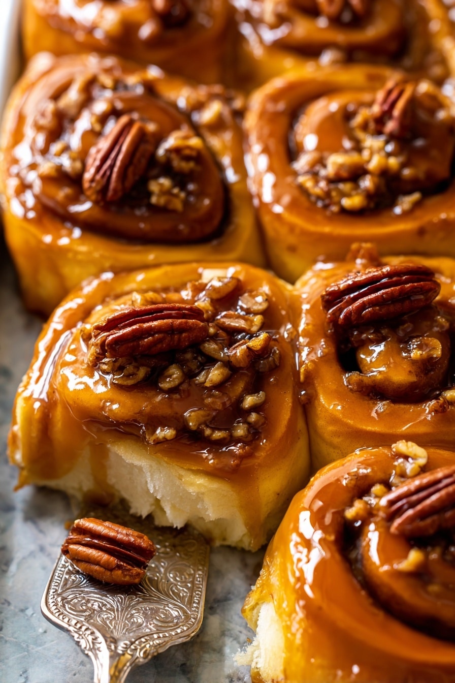 The image shows a close-up of sticky cinnamon rolls arranged in a tray with a white marbled textured background. Each cinnamon roll has a soft, golden-brown base with visible spirals of dough. The top layer is covered with a shiny, amber caramel glaze that looks thick and glossy. On top of each roll, there are whole pecan halves that add texture and color contrast with their rich brown shade. The silver, ornate serving spatula is partially lifted under one cinnamon roll, showing the soft, fluffy inside of the pastry. Photo taken with an iphone --ar 2:3 --v 7 - Butter Pecan Cinnamon Buns, Cinnamon Buns with Pecans, Sweet Breakfast Pastry, Nutty Cinnamon Roll Recipe, Delicious Pecan Cinnamon Buns