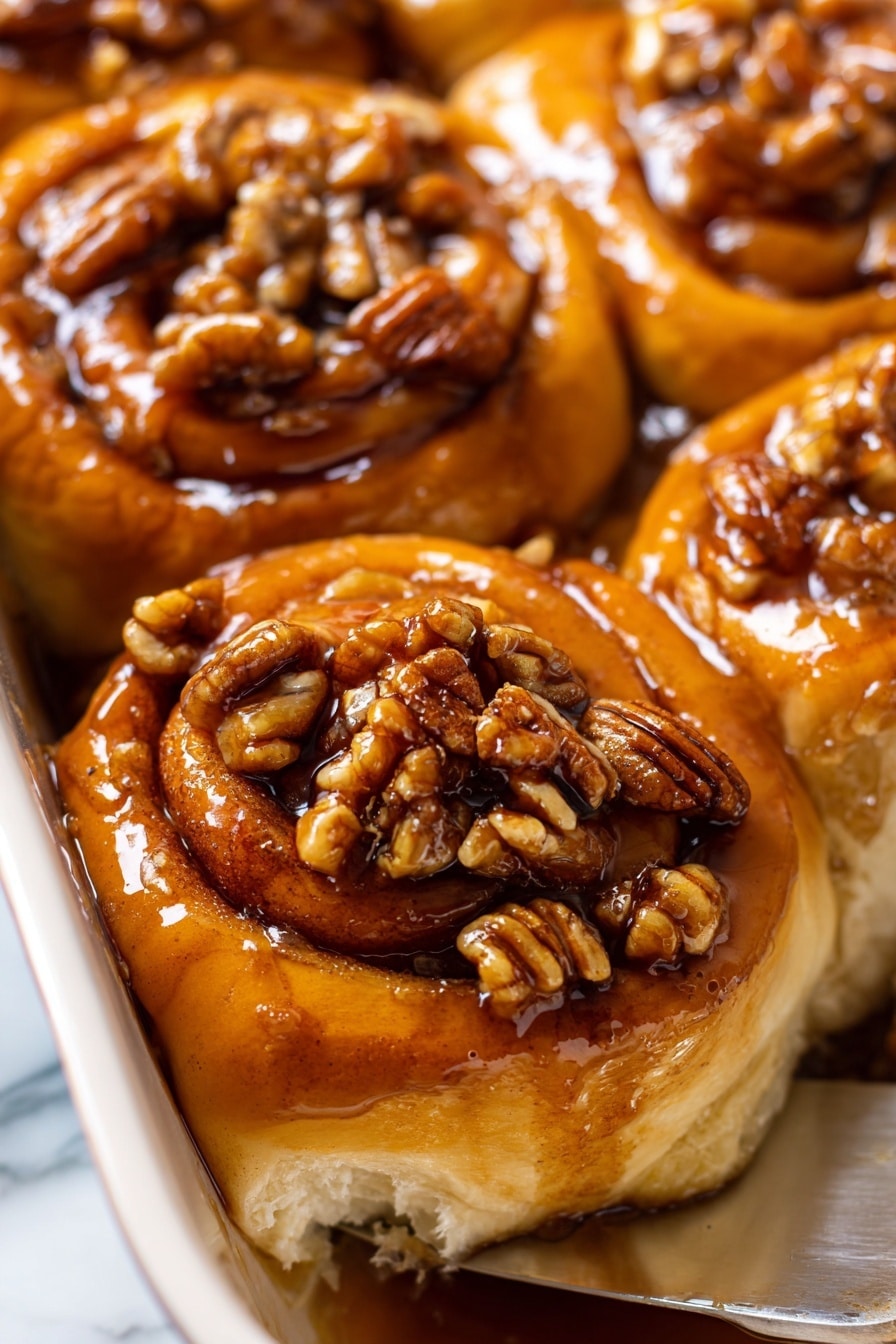The image shows a close-up of sticky cinnamon rolls in a white pan. Each roll has a golden brown, shiny top layer covered in thick syrup that makes them glisten. The rolls are swirled with light brown cinnamon filling visible through the soft dough layers. On top of each roll is a pile of whole glazed pecans, which are glossy and rich brown in color, adding texture and contrast. The rolls look soft and fluffy with syrup dripping down the sides, and the silver serving spatula is tucked under one roll. The background shows a white marbled surface. photo taken with an iphone --ar 2:3 --v 7 - Butter Pecan Cinnamon Buns, Cinnamon Buns with Pecans, Sweet Breakfast Pastry, Nutty Cinnamon Roll Recipe, Delicious Pecan Cinnamon Buns