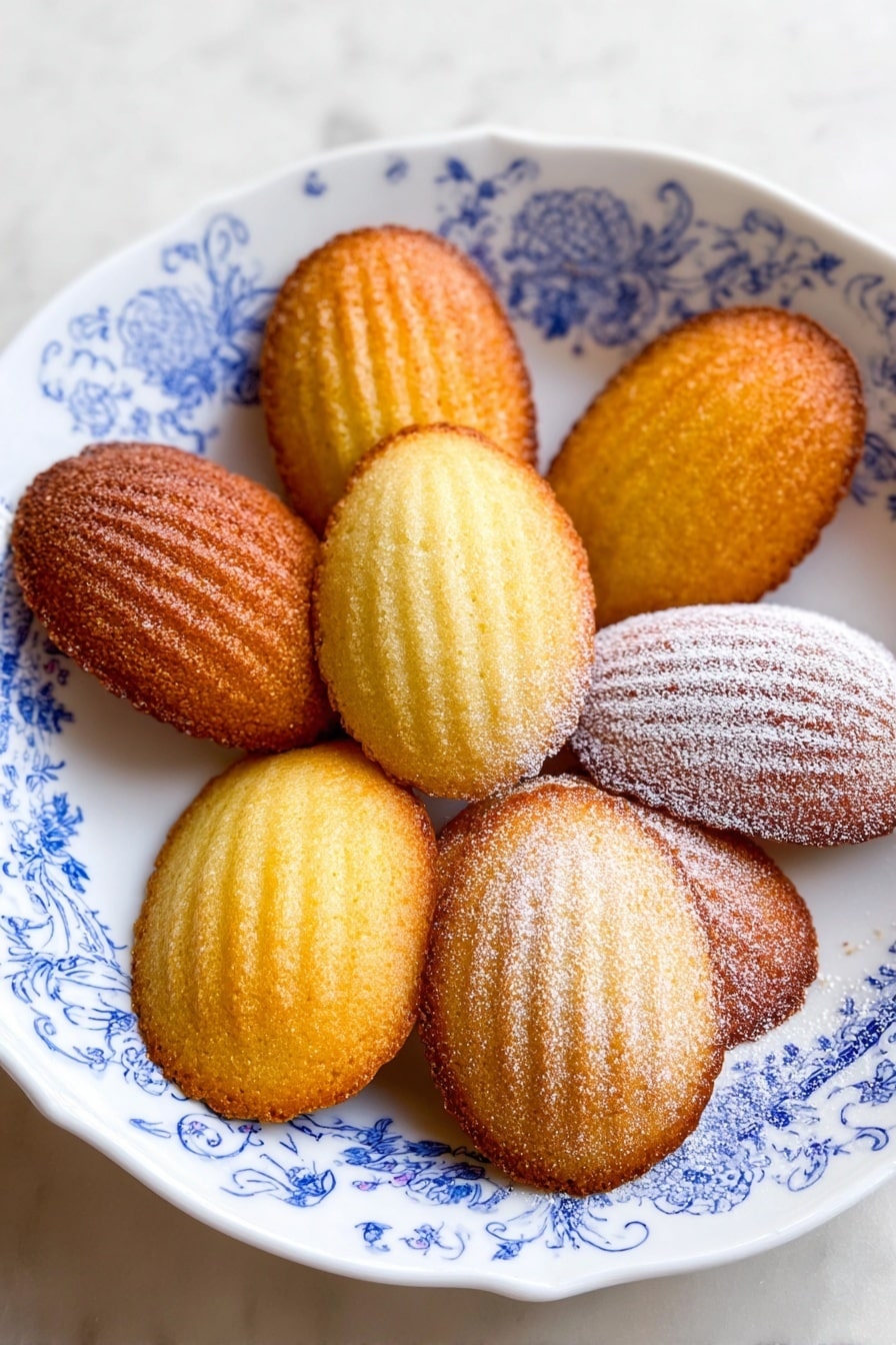 The image shows a white plate with blue designs holding ten oval-shaped madeleine cookies arranged in a loose pile. The madeleines vary in color from golden yellow to a more toasted brown, with some showing a light powdered sugar dusting on top. Their texture appears soft with slight ridges on the surface, and the edges are gently browned. The plate is set on a white marbled surface. Photo taken with an iphone --ar 2:3 --v 7 - Lemon Madeleines, French Lemon Cakes, Lemon Based Pastries, Easy Madeleines, Lemon Dessert Recipes