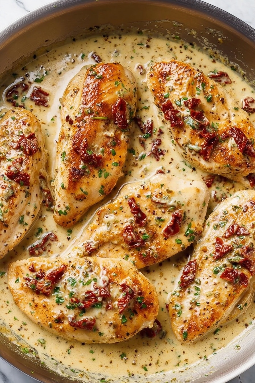 The image shows a close-up of two thick pieces of cooked chicken stacked with creamy sauce on top and around them. The chicken is light brown with a slightly crispy texture on the outside and white inside. The creamy sauce is light yellow with visible chunks of red sun-dried tomatoes and small green herbs mixed in, giving it a rich and textured look. The layers show the thick sauce covering the entire surface of the chicken pieces, with some sauce pooling at the bottom. The background is a white marbled texture. photo taken with an iphone --ar 2:3 --v 7 - Creamy Marry Me Chicken, Creamy Marry Me Chicken recipe, easy chicken dinner, quick weeknight chicken, creamy garlic chicken