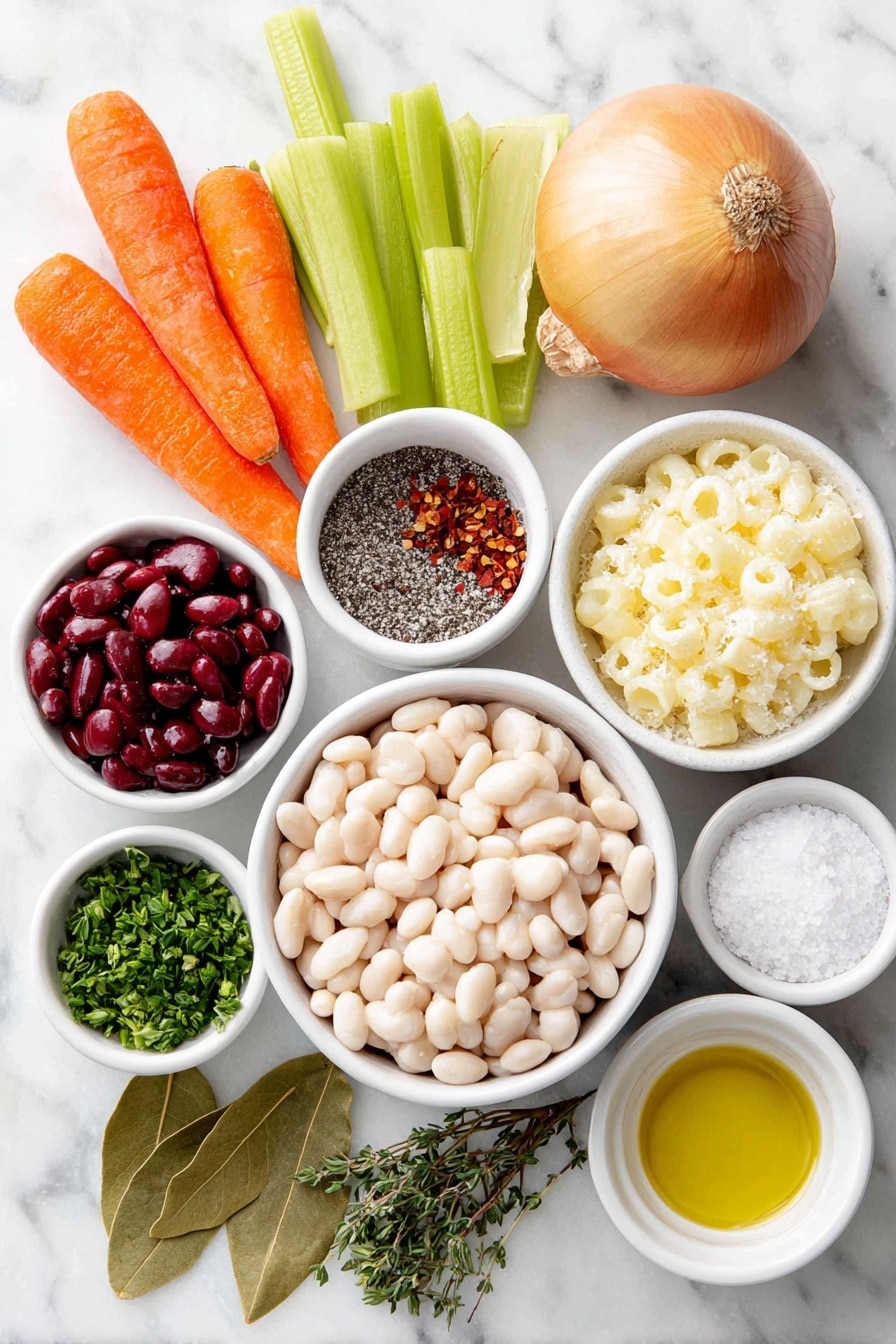 Flat lay of a small white ceramic bowl filled with extra-virgin olive oil, a medium whole uncracked yellow onion, two fresh whole carrots with vibrant orange skin, two celery ribs thinly sliced and arranged, a small white ceramic bowl of coarse sea salt, a small white ceramic bowl of freshly ground black pepper, three whole unpeeled garlic cloves, a small white ceramic bowl of diced ripe red tomatoes, a small white ceramic bowl of cooked white beans, a small pile of chopped fresh green beans, two dried bay leaves placed flat, a small white ceramic bowl of dried oregano, a small white ceramic bowl of dried thyme, a small white ceramic bowl with small pasta (such as ditalini) visible, a small pile of chopped fresh parsley, a small white ceramic bowl containing red pepper flakes, and a small white ceramic bowl with finely grated Parmesan cheese. All ingredients are fresh and natural, carefully arranged with perfect symmetry and balanced proportions, placed on a clean white marble surface, soft natural light, photo taken with an iPhone, professional food photography style, fresh ingredients, white ceramic bowls, no bottles, no duplicates, no utensils, no packaging --ar 2:3 --v 7 --p m7354615311229779997 - Easy Italian Vegetable Soup, Italian Vegetable Soup, healthy vegetable soup, quick veggie soup, hearty vegetable soup