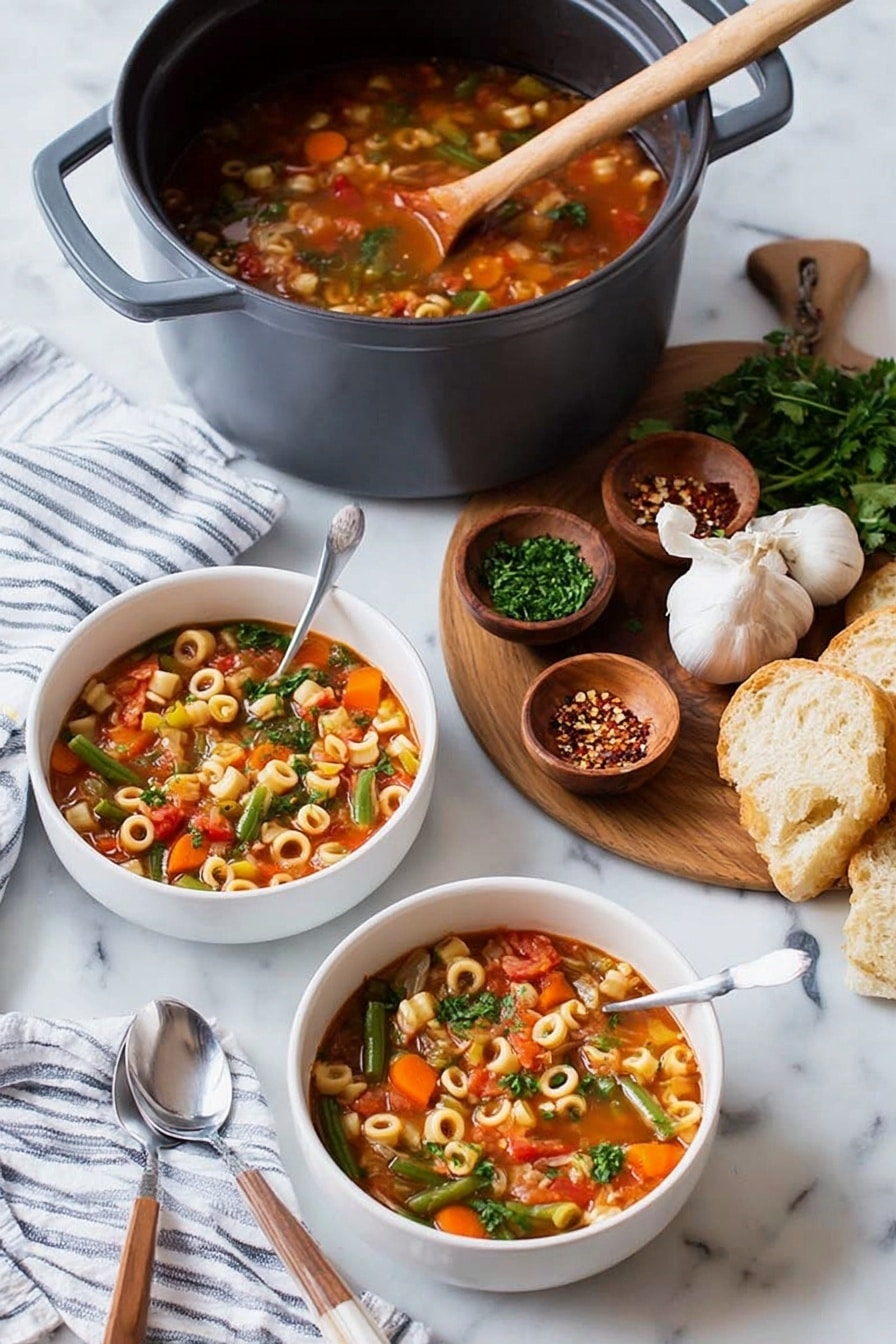 A white bowl and a white cup both filled with a bright orange vegetable soup showing slices of carrots, green beans, small white beans, and small pasta rings, all floating in a clear broth with bits of herbs; a spoon is resting in each bowl. Next to the bowls is a white, round marble surface holding a large pot of the same soup with a wooden spoon lifting some soup and vegetables from it. Around the marble are two white garlic bulbs, a wooden cutting board with chopped green herbs, red chili flakes, fresh green parsley sprigs, and slices of crusty bread next to a bread knife with a wooden handle. A striped cloth is casually placed under the bowls and pot. photo taken with an iphone --ar 2:3 --v 7 - Easy Italian Vegetable Soup, Italian Vegetable Soup, healthy vegetable soup, quick veggie soup, hearty vegetable soup