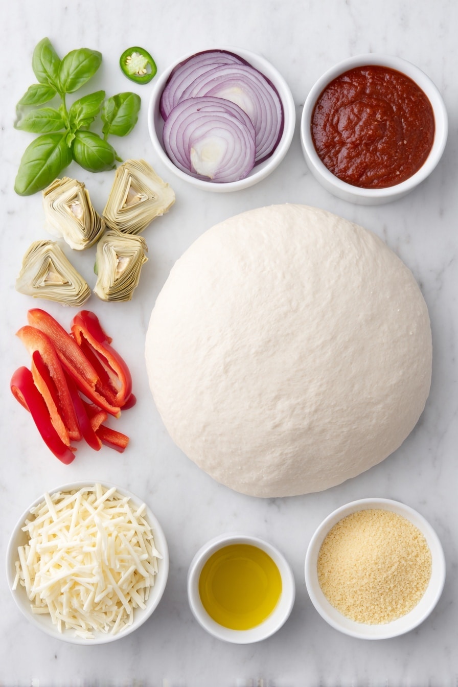 Flat lay of a smooth round ball of pizza dough resting next to a small mound of golden cornmeal scattered lightly on the white surface, a small white ceramic bowl filled with vibrant deep red pizza sauce, three small piles of shredded cheese in white ceramic bowls showing creamy white mozzarella, pale yellow Asiago, and slightly crumbly off-white pecorino with large holes visible, thin crescent slices of bright purple-red onion arranged neatly beside glossy slices of roasted red bell peppers, a small cluster of quartered pale green artichoke hearts, thin slices of glossy green jalapeño pepper arranged in a fan shape, a small white ceramic bowl holding clear golden extra-virgin olive oil, a scattering of fresh rich green basil leaves, all ingredients balanced symmetrically and naturally placed on a clean white marble surface, soft natural light, photo taken with an iPhone, professional food photography style, fresh ingredients, white ceramic bowls, no bottles, no duplicates, no utensils, no packaging --ar 2:3 --v 7 --p m7354615311229779997 - Vegetarian Roasted Red Pepper Pizza, vegetarian pizza recipes, roasted red pepper pizza, easy vegetarian pizza, colorful veggie pizza