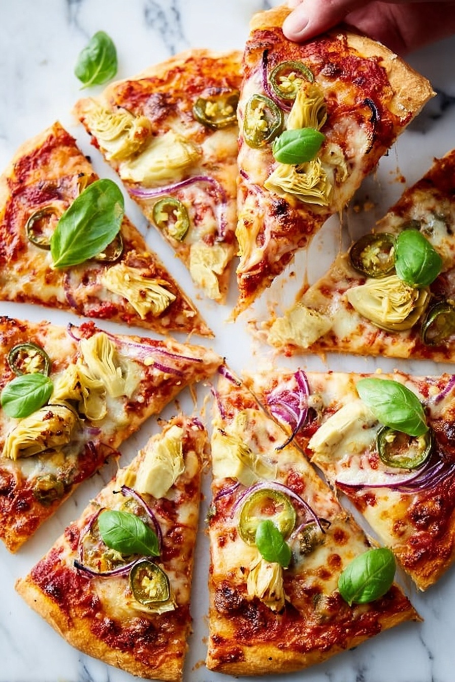 A round pizza sliced into eight pieces on a white marbled surface, each slice topped with melted light golden cheese, chunks of pale yellow artichoke hearts, thin slices of red onion, small rings of green jalapeno, and bits of red tomato sauce underneath the cheese. Bright green fresh basil leaves are scattered on top of the slices, adding a pop of color. The crust is golden brown and slightly crisped at the edges, showing some browning and texture. A woman's hand is pulling one slice away, stretching a thin string of melted cheese between the slice and the rest of the pizza. photo taken with an iphone --ar 2:3 --v 7 - Vegetarian Roasted Red Pepper Pizza, vegetarian pizza recipes, roasted red pepper pizza, easy vegetarian pizza, colorful veggie pizza