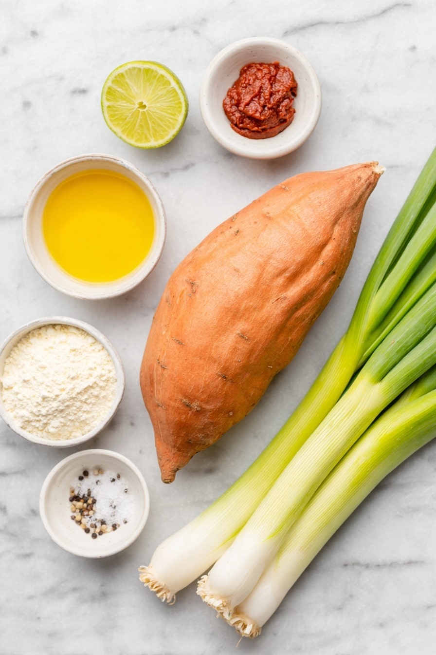 Flat lay of a fresh whole sweet potato with vibrant orange skin, a small heap of fine white cornstarch powder on a simple white ceramic plate, two fresh spring onions with bright white bulbs and green stalks trimmed off, a small white ceramic bowl of golden olive oil, a small white ceramic bowl containing smooth creamy vegan yoghurt, a neat dollop of deep red gochujang paste on a white ceramic dish, a small white ceramic bowl holding amber maple syrup, a halved lime showing its juicy green flesh, a small white ceramic bowl with coarse sea salt crystals, and a small white ceramic bowl filled with freshly ground black pepper, all arranged symmetrically and naturally placed on a clean white marble surface, soft natural light, photo taken with an iPhone, professional food photography style, fresh ingredients, white ceramic bowls, no bottles, no duplicates, no utensils, no packaging --ar 2:3 --v 7 --p m7354615311229779997 - Baked Vegan Sweet Potato Hash Browns, vegan hash brown recipe, healthy sweet potato hash, crispy vegan breakfast, baked hash brown ideas