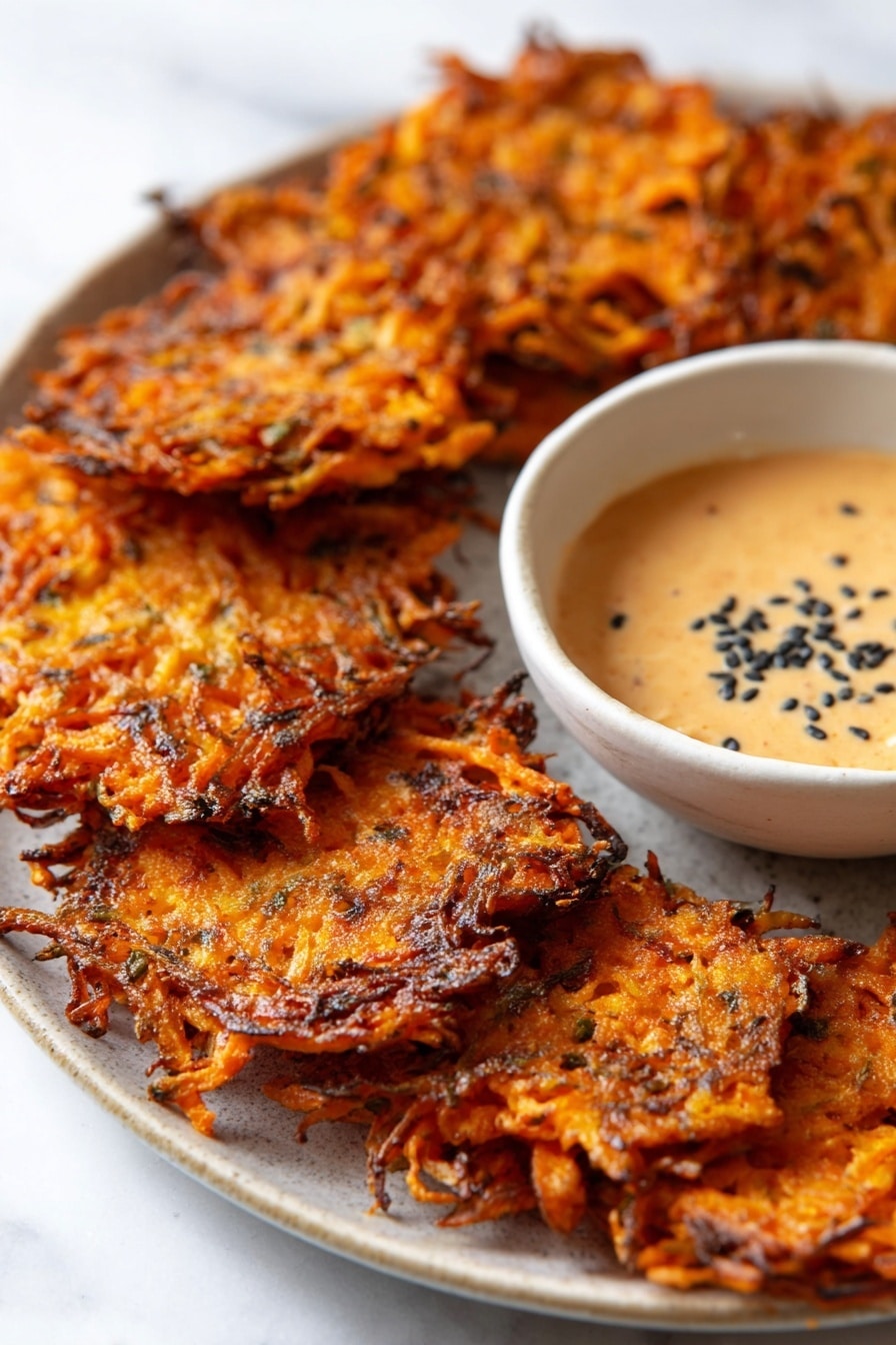 A close-up of a white plate filled with several thin, crispy orange-brown fritters made from shredded vegetables, each one showing a rough, uneven texture with browned edges. Next to the fritters on the plate is a small white bowl filled with a creamy light orange sauce topped with black seeds. The plate sits on a white marbled surface. photo taken with an iphone --ar 2:3 --v 7 - Baked Vegan Sweet Potato Hash Browns, vegan hash brown recipe, healthy sweet potato hash, crispy vegan breakfast, baked hash brown ideas