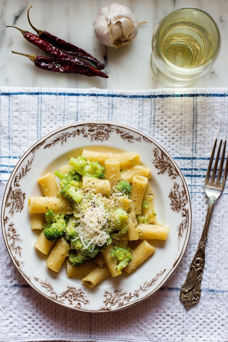 A white plate with a delicate brown floral border holds one layer of short tube-shaped pasta mixed with small, bright green broccoli florets. On top of the pasta and broccoli, there is a small pile of white grated cheese and a light sprinkling of black pepper. The plate is placed on a white waffle-textured cloth with blue stripes. To the top right of the plate, there is a clear glass filled with a light yellow liquid. Two dark red dried chili peppers and a bulb of garlic are placed on the white marbled surface at the top left. A metal fork with a detailed handle is set on the cloth to the right of the plate. photo taken with an iphone --ar 2:3 --v 7 - Romanesco Broccoli Pasta with Pecorino, Romanesco broccoli pasta, Italian pasta with Romanesco, Pecorino cheese pasta, easy Romanesco pasta recipe