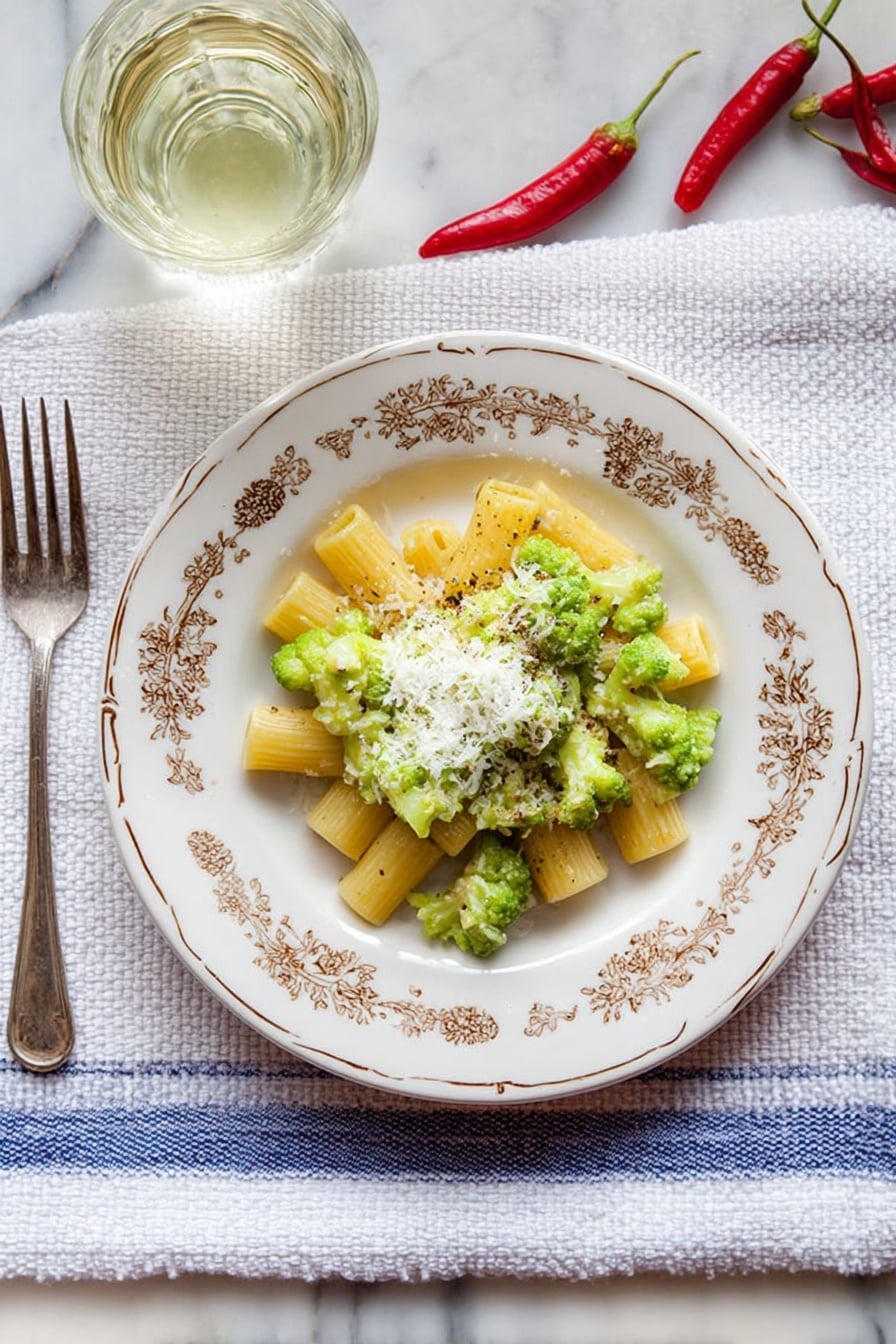 A white plate with a delicate brown floral pattern holds a dish showing two main layers: the bottom layer is yellow pasta tubes arranged in a small mound, and the top layer consists of light green pieces of broccoli or romanesco. On top of the vegetables, there is a small pile of grated white cheese, slightly melting with a sprinkle of black pepper scattered around. The plate is placed on a white textured towel with blue stripes, resting on a white marbled surface. Next to the plate is a silver fork, and above is a glass with a light yellow liquid. Two red chili peppers lie near the top edge of the image. photo taken with an iphone --ar 2:3 --v 7 - Romanesco Broccoli Pasta with Pecorino, Romanesco broccoli pasta, Italian pasta with Romanesco, Pecorino cheese pasta, easy Romanesco pasta recipe
