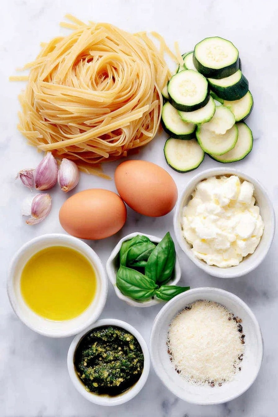 Flat lay of a pound of uncooked spaghetti pasta nestling beside two whole uncracked brown eggs, a small stack of thinly sliced fresh zucchini rounds, a small pile of thinly sliced shallots, a few whole garlic cloves with their papery skin intact, a small white ceramic bowl filled with golden extra virgin olive oil, a small white bowl holding a pat of creamy butter, a small white bowl containing thick heavy cream, a small white bowl with bright green fresh basil leaves, a small white bowl with vibrant green pesto sauce, a small white bowl filled with pale off-white grated Pecorino Romano cheese, and a small white bowl with a mix of coarse salt and freshly ground black pepper, all placed symmetrically on a clean white marble surface, soft natural light, photo taken with an iPhone, professional food photography style, fresh ingredients, white ceramic bowls, no bottles, no duplicates, no utensils, no packaging --ar 2:3 --v 7 --p m7354615311229779997 - Creamy Zucchini Pasta, zucchini pasta recipe, healthy creamy pasta, easy zucchini pasta, vegetarian pasta dishes