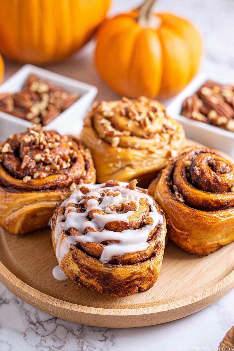 The image shows a black metal muffin tray filled with nine cinnamon rolls. Each roll has multiple layers of golden brown dough swirled with deep brown cinnamon filling. The rolls are topped with a light sprinkle of brown sugar and chopped pecans, adding texture. One indentation in the tray holds a small, white metal cup filled with white icing, with a spoon resting inside. The background surface is white marble. photo taken with an iphone --ar 2:3 --v 7 - Pumpkin Cinnamon Roll Muffins, pumpkin spice muffins, cinnamon roll muffins, fall breakfast recipes, easy pumpkin muffins