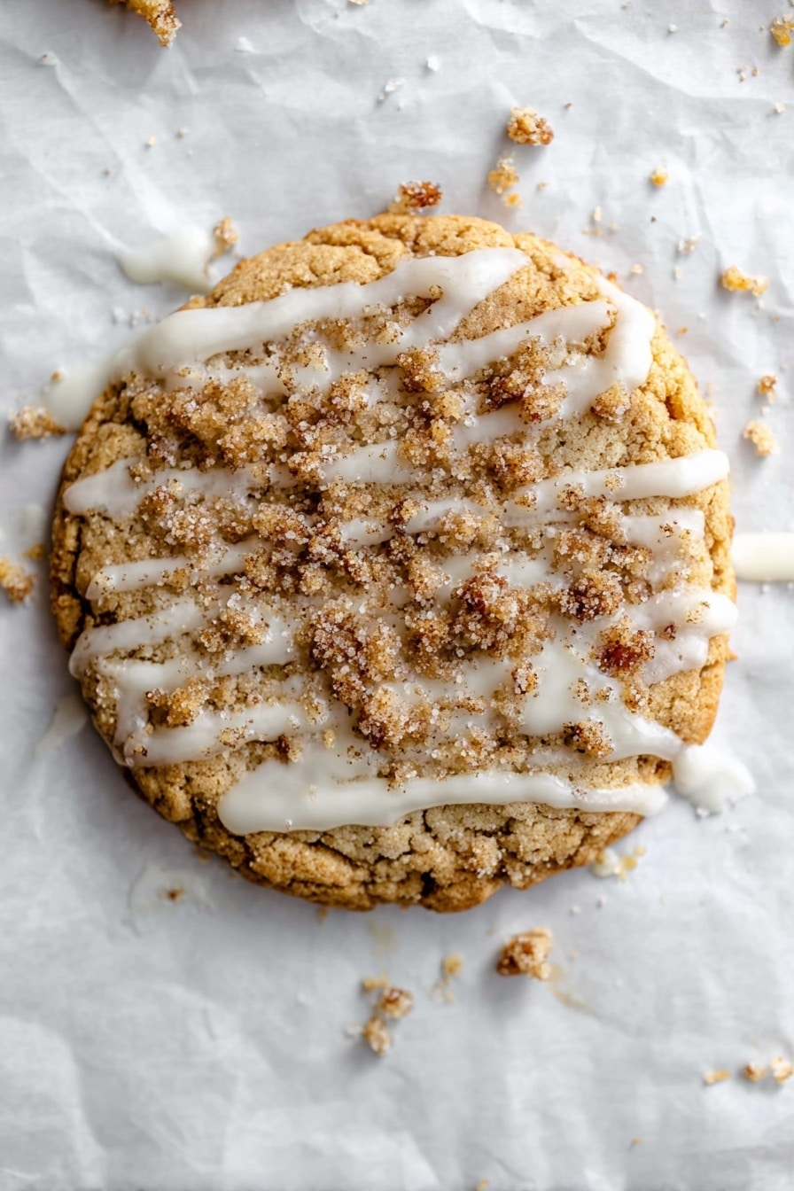 Three round cookies with a light golden brown color sit on a sheet of crinkled parchment paper on a white marbled surface. Each cookie has a crumbly, darker brown layer of streusel on top, scattered unevenly. A thin drizzle of white icing flows loosely over the streusel and cookie tops, adding contrast. One cookie in the foreground has a bite taken out of it, showing a soft, textured inside. Small crumbs are scattered around the cookies on the parchment paper. photo taken with an iphone --ar 2:3 --v 7 - Coffee Cake Cookies with Cinnamon Crumble, coffee cake cookies, cinnamon crumble cookies, easy coffee cake cookies, homemade cinnamon cookies