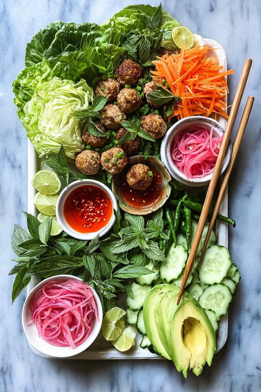Three white bowls are filled with a clear broth soup containing about six to eight brown meatballs each and bright green baby bok choy pieces with visible stalks and leaves, floating on the surface. The bowls are arranged on a wooden table with a white bowl holding a bright red sauce and a small silver spoon inside it, placed near a set of shiny silver forks and chopsticks. The broth looks light and slightly oily, while the greens add fresh contrast and texture to the dish. photo taken with an iphone --ar 2:3 --v 7 - Asian Chicken Meatballs, Asian Chicken Meatballs recipe, easy Asian chicken meatballs, healthy chicken meatballs, flavorful Asian meatballs