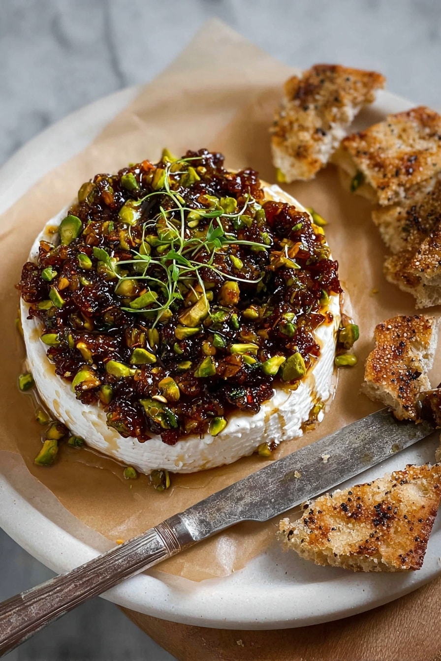 A white round cheese wheel sits on a piece of light brown parchment paper on a white plate with speckles. The cheese has a topping of a chunky mixture of green pistachios, dark brown nuts or dried fruits, and small green herb leaves placed at the center. On the right side of the cheese, some creamy, pale yellow melted cheese is spread with a silver knife resting on the edge of the plate. Surrounding the plate are pieces of flatbread, some browned in spots, and on the lower left side is a smaller white plate with some flatbread pieces spread with melted cheese and the nut topping. Two clear glasses filled with a light-yellow drink and ice are placed on the white marbled surface around the plates. photo taken with an iphone --ar 2:3 --v 7 - Baked Brie with Fig Jam and Pistachios, baked brie appetizer, easy cheese appetizer, elegant party appetizer, fig jam cheese dip