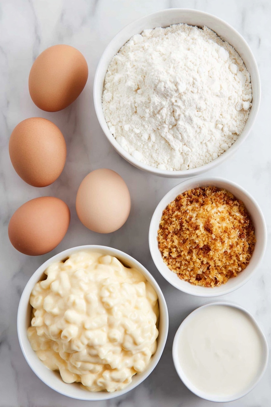 Flat lay of cold creamy macaroni and cheese in a simple white ceramic bowl, a small white ceramic bowl with smooth all-purpose flour, two whole uncracked brown eggs, a small white ceramic bowl filled with golden toasted panko breadcrumbs mixed with a pinch of salt, and a small white ceramic bowl of ranch dressing, all arranged with perfect symmetry and balanced proportions, placed on a clean white marble surface, soft natural light, photo taken with an iPhone, professional food photography style, fresh ingredients, white ceramic bowls, no bottles, no duplicates, no utensils, no packaging --ar 2:3 --v 7 --p m7354615311229779997 - Baked Mac and Cheese Bites, cheesy snack recipes, crispy mac and cheese bites, party appetizer ideas, easy cheesy snack