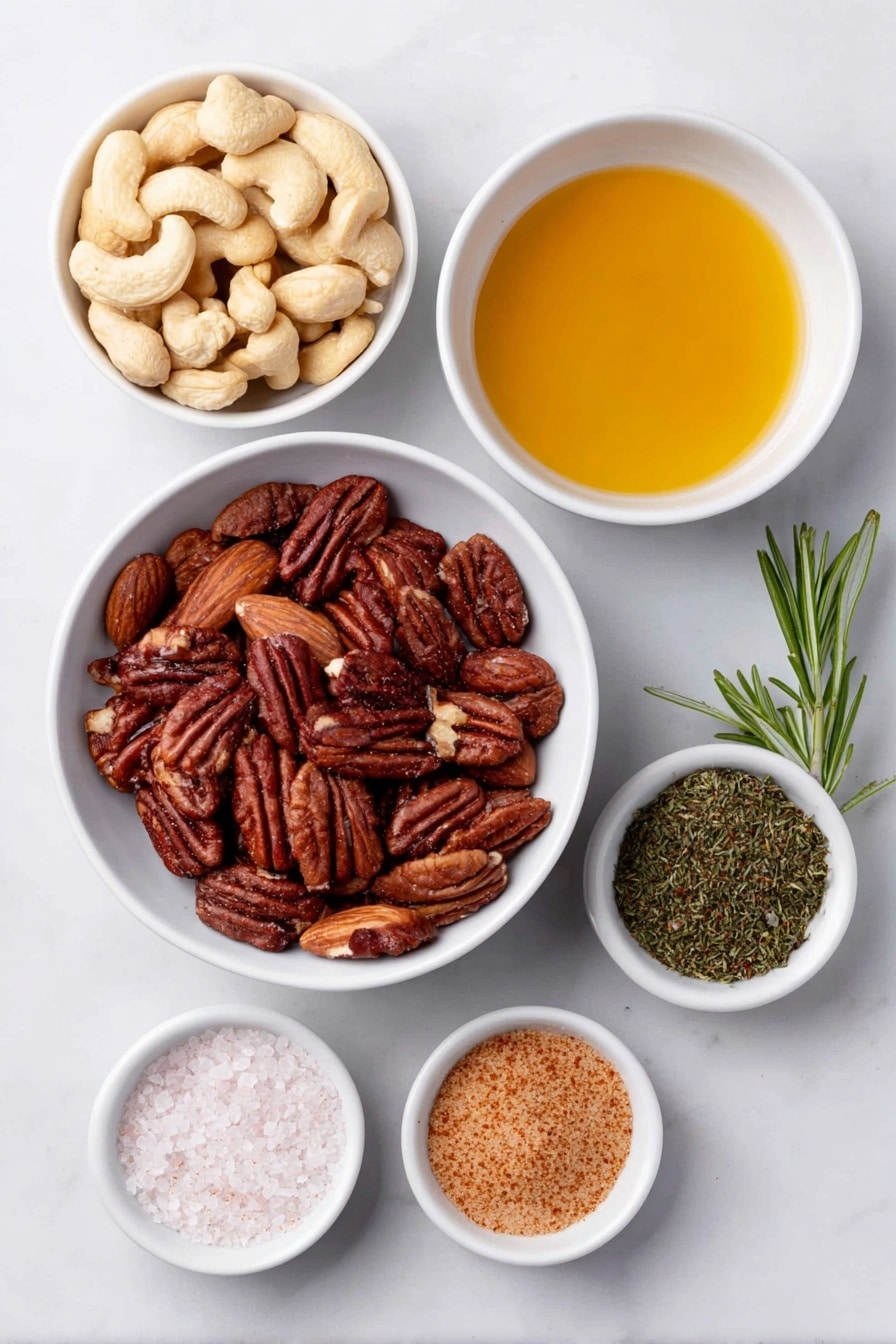 Flat lay of raw mixed nuts including cashews, walnuts, almonds, and pecans in a simple white ceramic bowl, a small white bowl containing golden melted coconut oil, a small white bowl filled with amber real maple syrup, a small white bowl holding light brown soft brown sugar, fresh green rosemary sprigs finely minced in a small white bowl, a small white bowl with coarse sea salt crystals, and a tiny white bowl with bright red chili powder, arranged symmetrically and balanced, placed on a clean white marble surface, soft natural light, photo taken with an iPhone, professional food photography style, fresh ingredients, white ceramic bowls, no bottles, no duplicates, no utensils, no packaging --ar 2:3 --v 7 --p m7354615311229779997 - Rosemary Roasted Mixed Nuts, roasted mixed nuts recipe, easy nut snack, flavorful roasted nuts, homemade nut mix